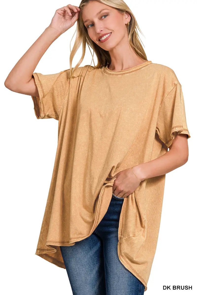 Zenana Crinkle Washed Cotton Drop Shoulder Oversized Top - T-Shirts Crinkle Washed Cotton Drop Shoulder Oversized Top