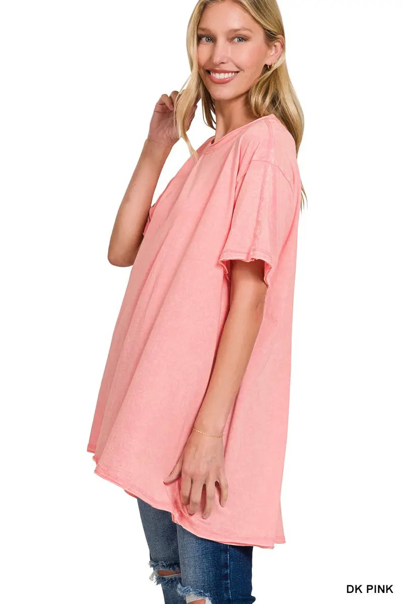 Zenana Crinkle Washed Cotton Drop Shoulder Oversized Top - T-Shirts Crinkle Washed Cotton Drop Shoulder Oversized Top