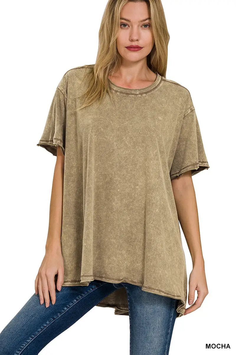 Zenana Crinkle Washed Cotton Drop Shoulder Oversized Top - T-Shirts Crinkle Washed Cotton Drop Shoulder Oversized Top
