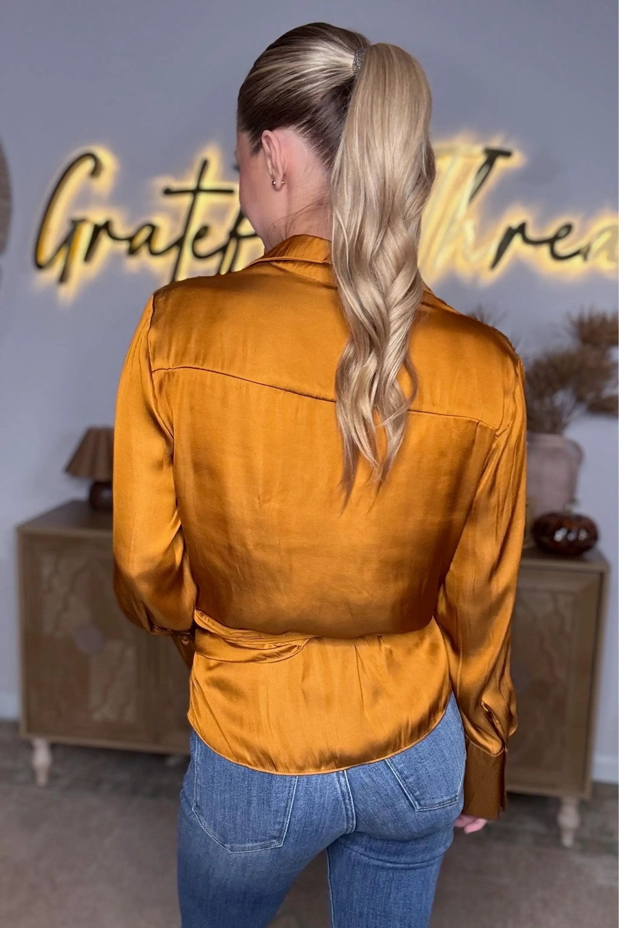 Mustard Seed Golden Hour Satin Wrap Blouse - Blouses