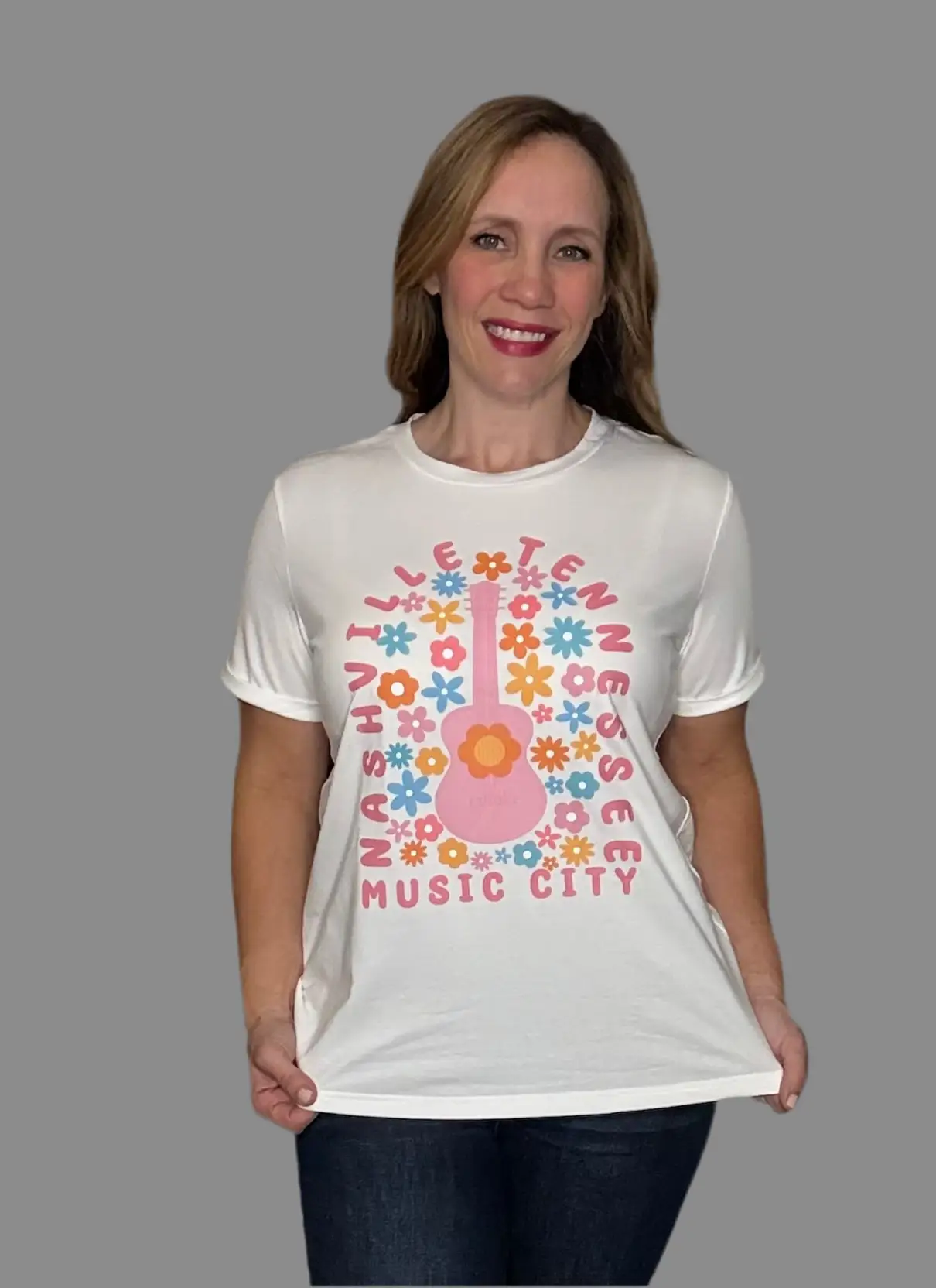 Grateful Threads Boutique White Floral Guitar NASHVILLE Graphic Tee - T-Shirts White Floral Guitar NASHVILLE Graphic Tee