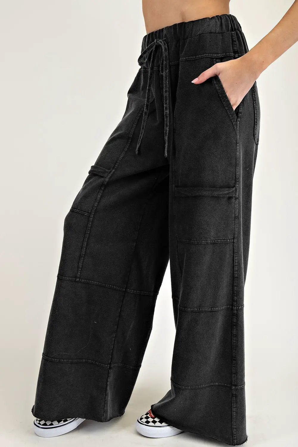 Grateful Threads Boutique Black Mineral Wash Exposed Seam Wide Leg Cargo Pants - Trousers Black Mineral Wash Exposed Seam Wide Leg Cargo Pants