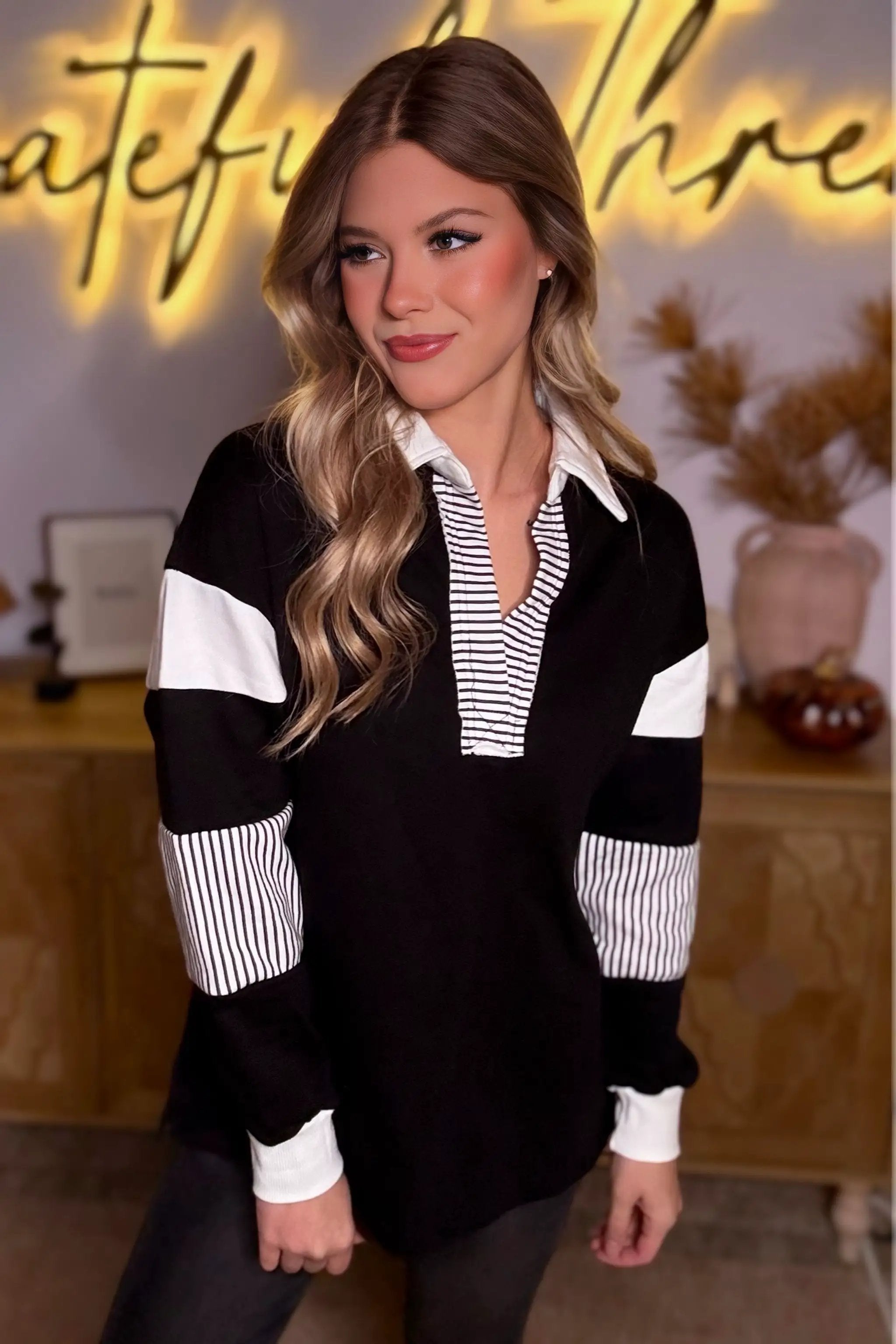 Grateful Threads Boutique Black Striped Colorblock Patchwork Collar Sweatshirt - Sweatshirts Colorblock Collar Sweatshirt