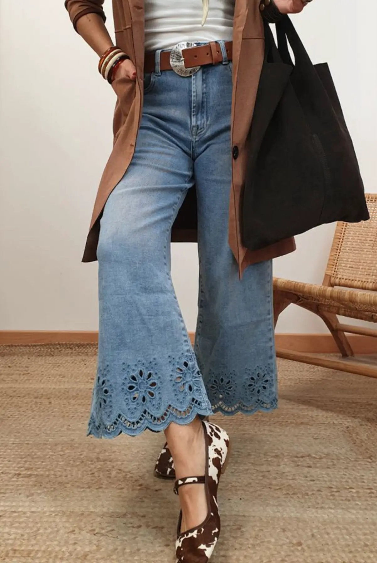 Grateful Threads Boutique Dusk Blue Embroidered Cropped Wide Leg High Waist Jeans - Jeans