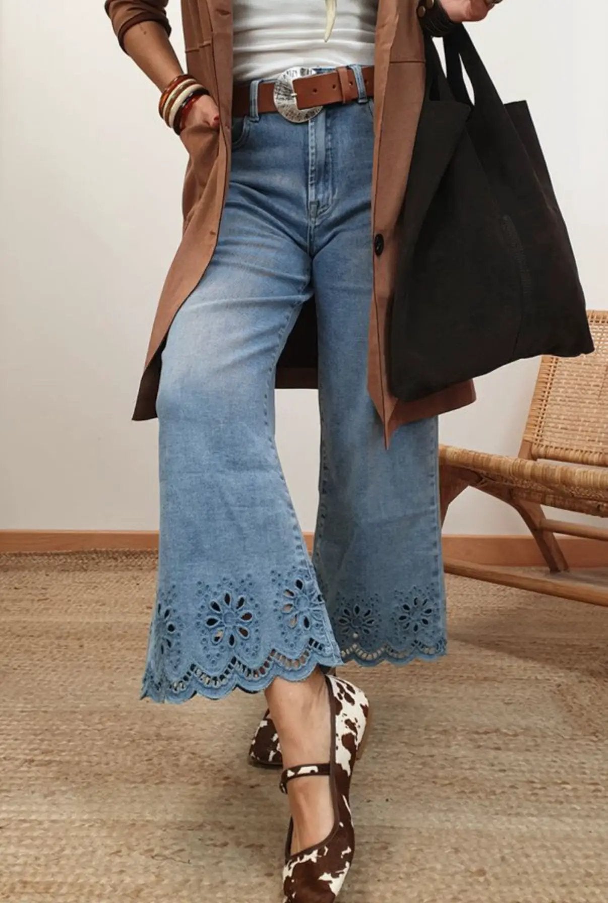 Grateful Threads Boutique Dusk Blue Embroidered Cropped Wide Leg High Waist Jeans - Jeans
