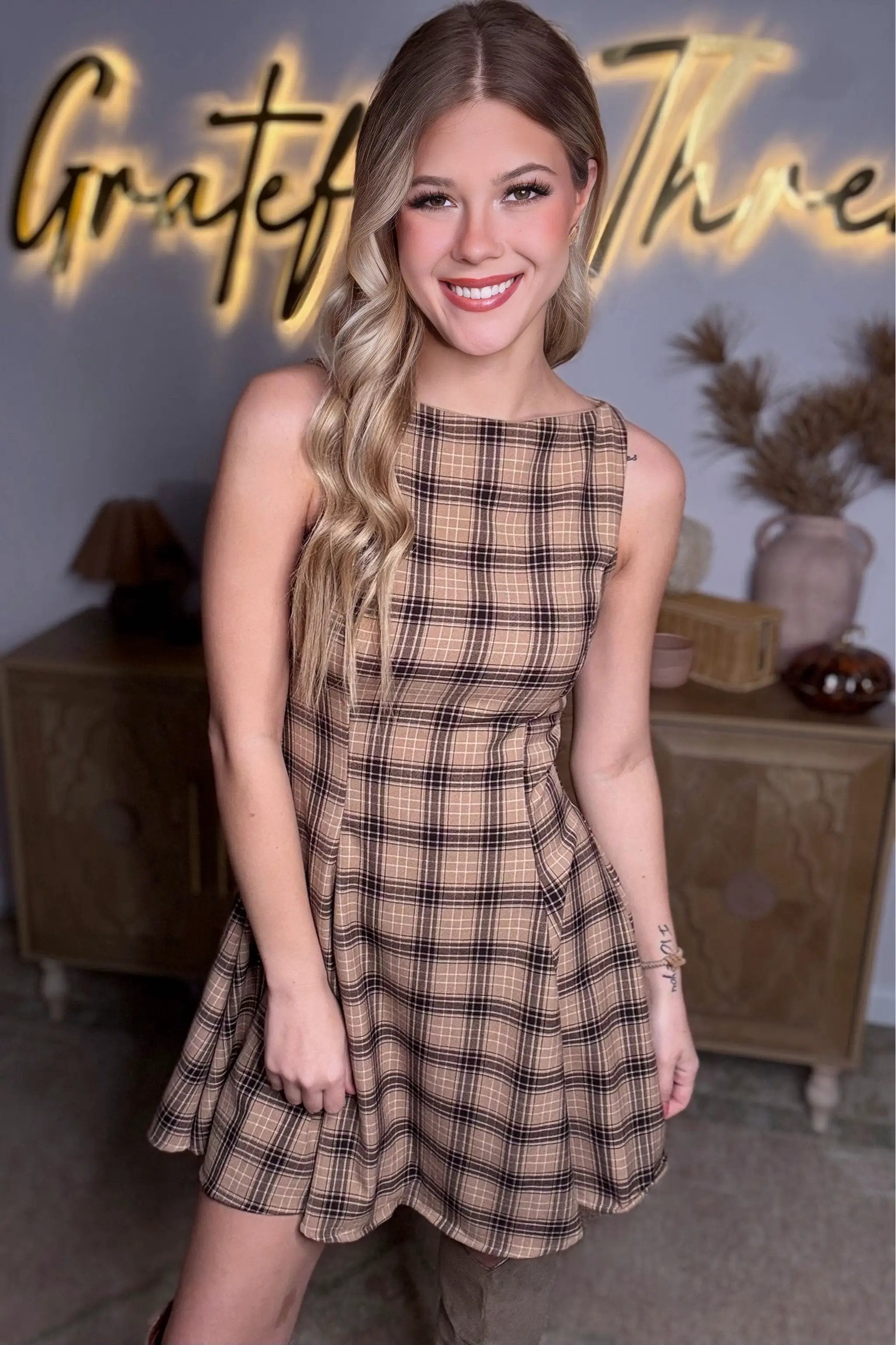 Active Basic | Active USA Active Basic | Active USA - Sleeveless Boat Neck Swing Plaid Woven Mini dress in Khaki/Black - Dresses Sleeveless Boat Neck Swing Plaid Woven Mini Dress