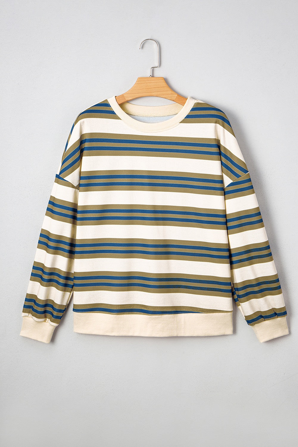 Khaki stripe crew neck drop shoulder pullover sweatshirt with ribbed cuffs