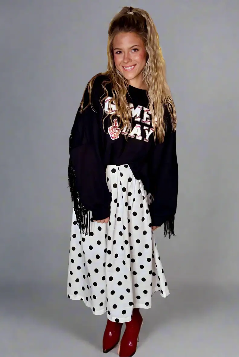 Grateful Threads Boutique Black GAME DAY Sequined Tassel Cropped Sweatshirt - Sweatshirts Black GAME DAY Rugby Sequined Tasseled Cropped Sweatshirt