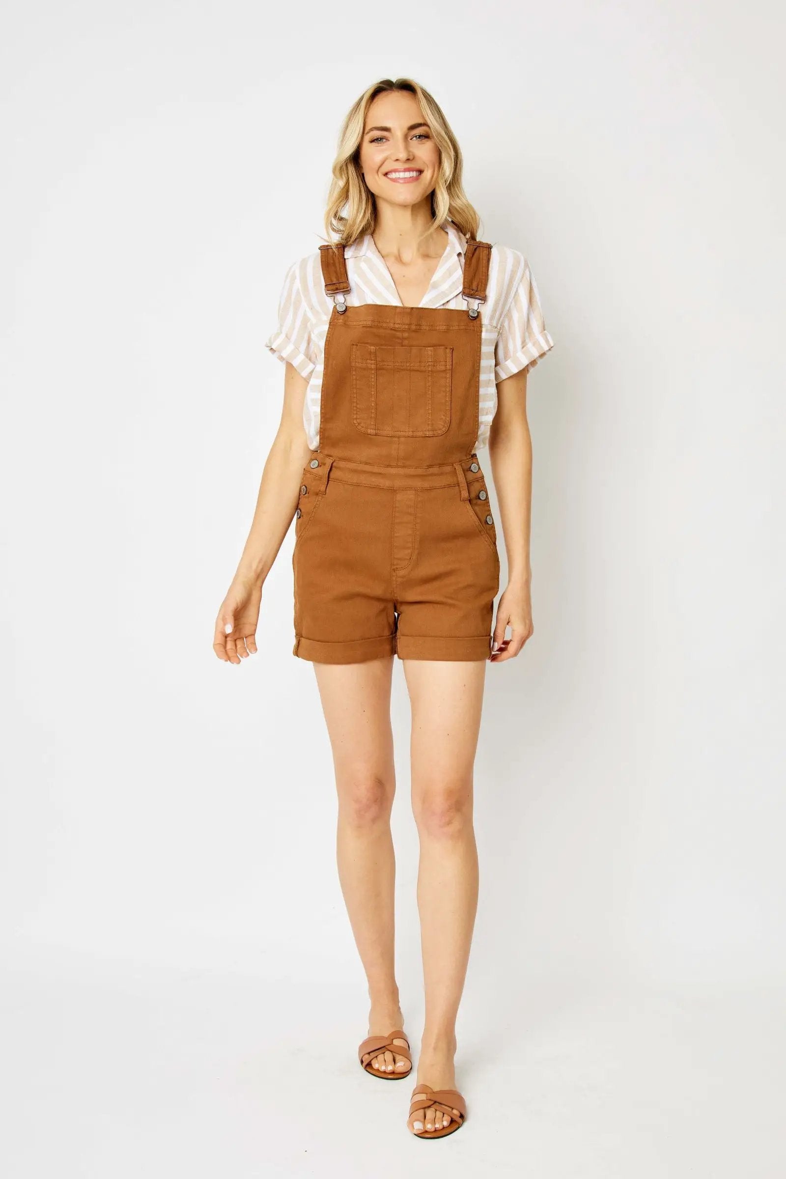 Judy Blue Judy Blue High Waisted Garment Dyed Destroyed Cuffed Brown Overall Shorts - One-Pieces Judy Blue High Waisted Garment Dyed Destroyed Cuffed Brown Overall Shorts