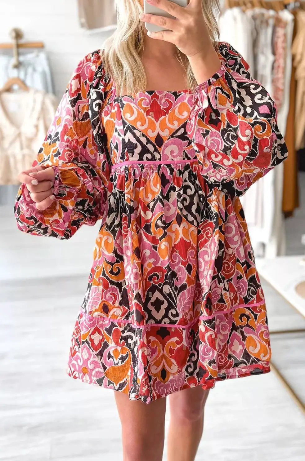 Grateful Threads Boutique Pink Bohemian Square Neck Mini Dress - Dresses