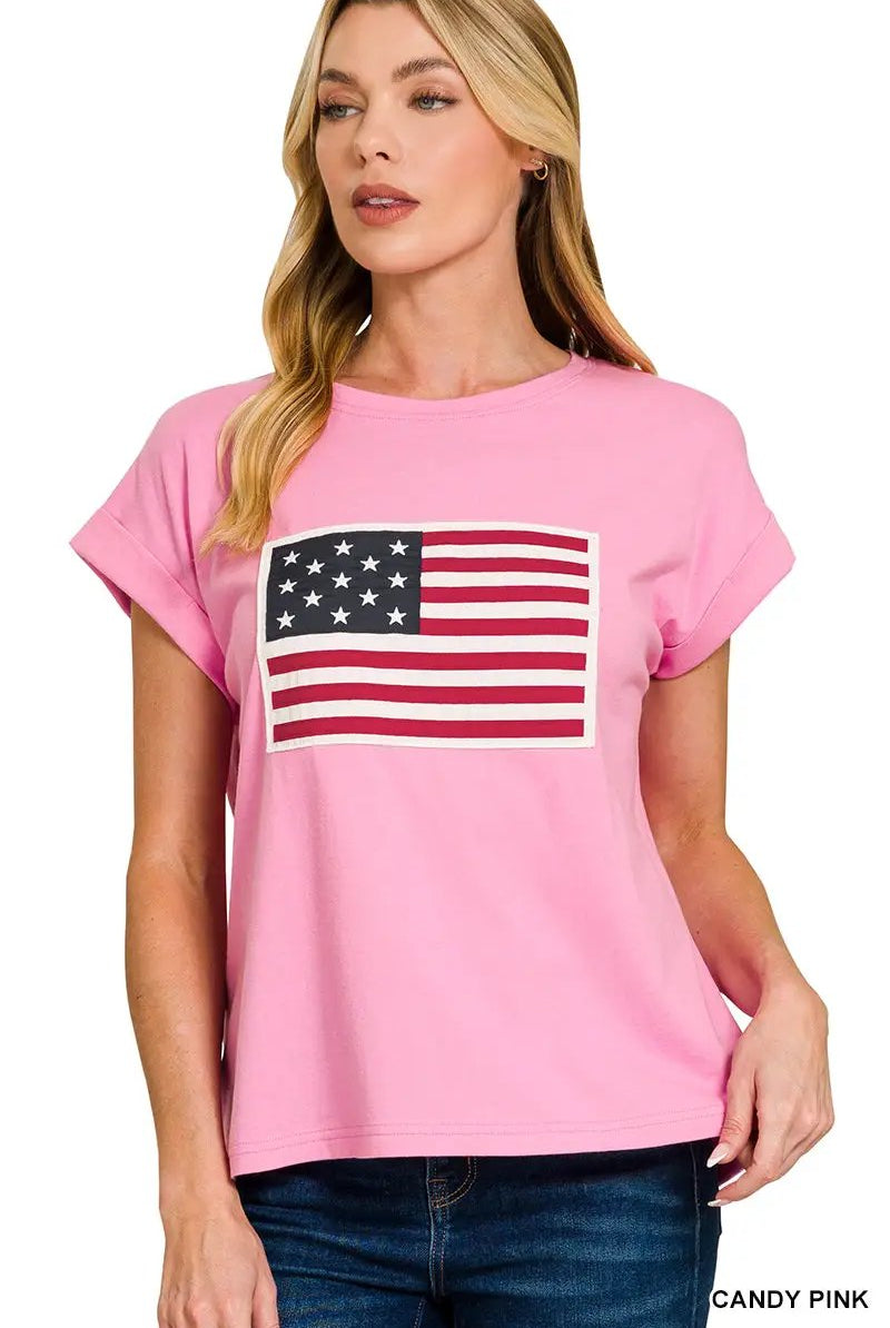 Zenana The American Flag Patch Tee - Clothing Tops
