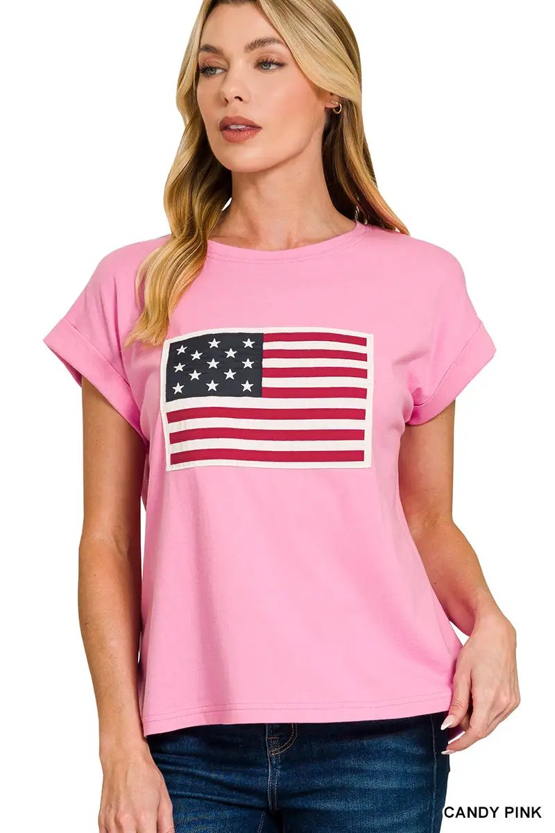 Zenana The American Flag Patch Tee - Clothing Tops