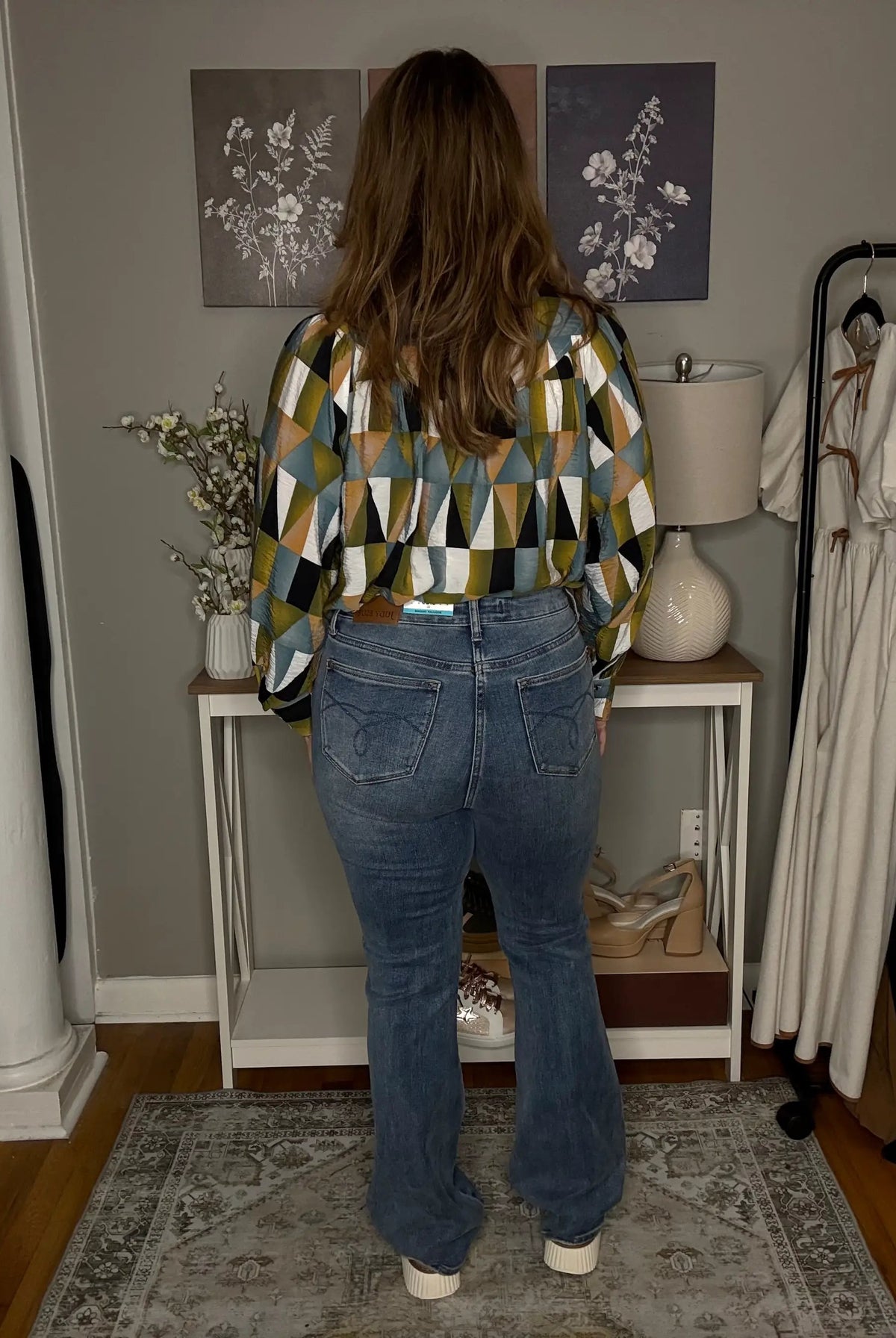 Grateful Threads Boutique Green Geometric Print Buttoned Ballooned Sleeve Blouse - Blouses