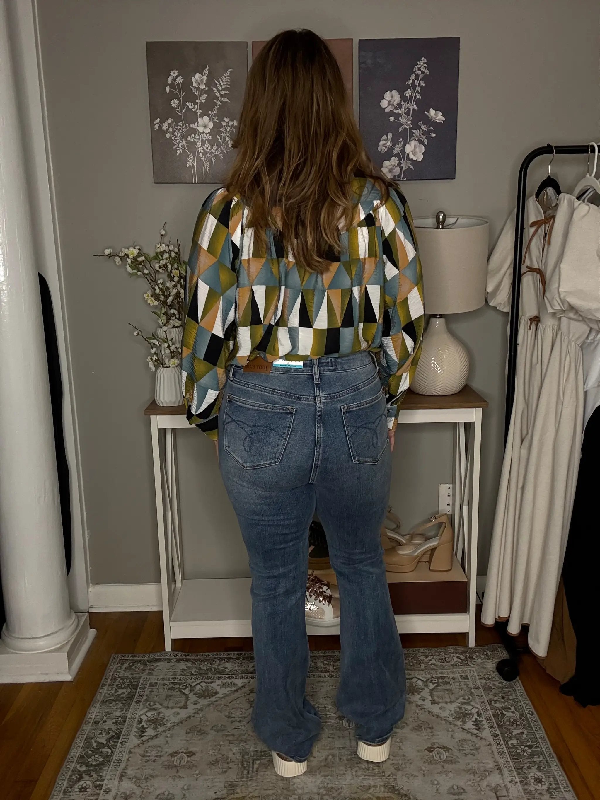 Grateful Threads Boutique Green Geometric Print Buttoned Ballooned Sleeve Blouse - Blouses