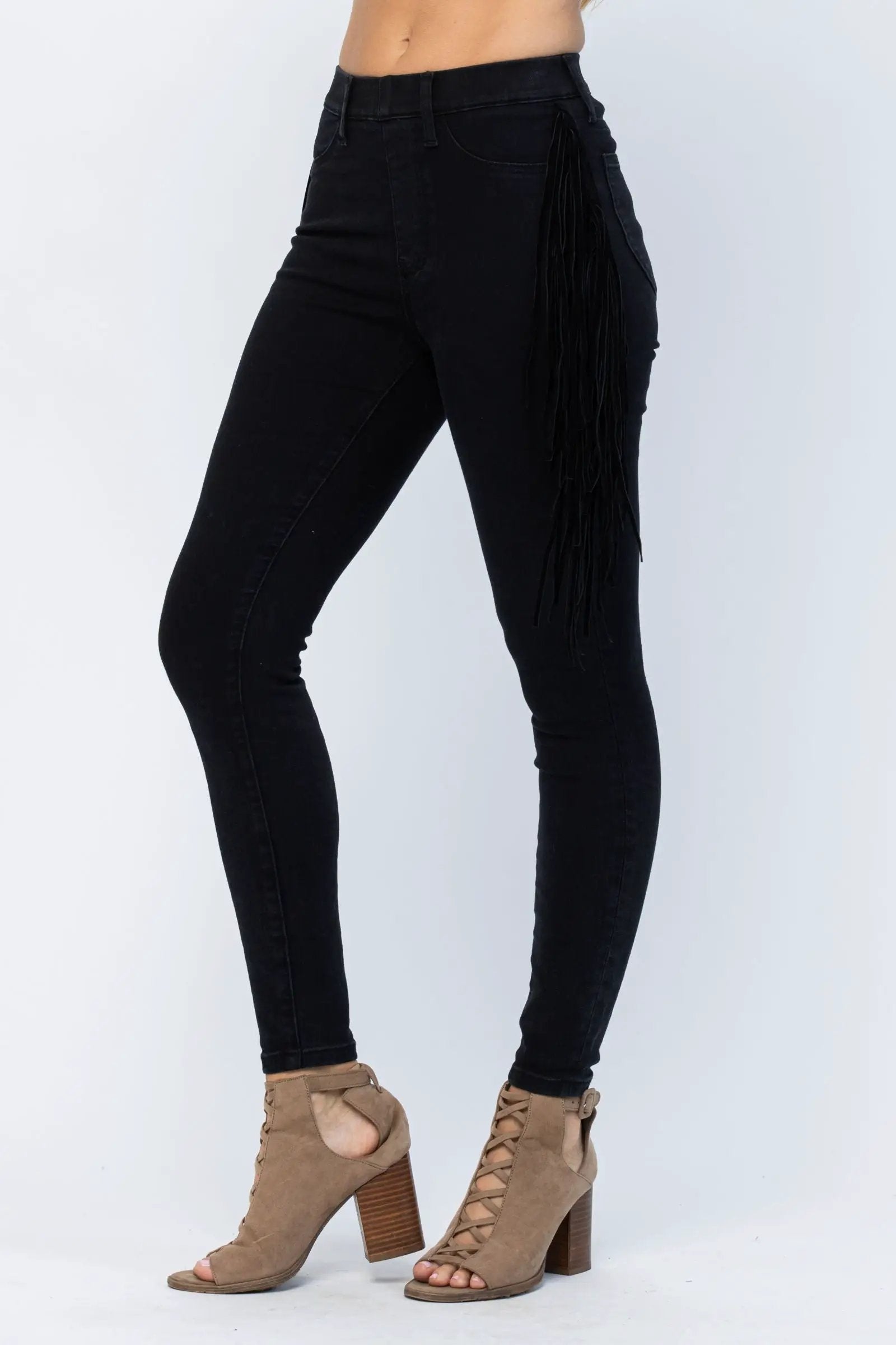 Judy Blue The Side Fringe Skinny Mid Rise Jegging - Jeans Judy Blue Black Jeggings with Side Fringe Skinny Leg MId Rise