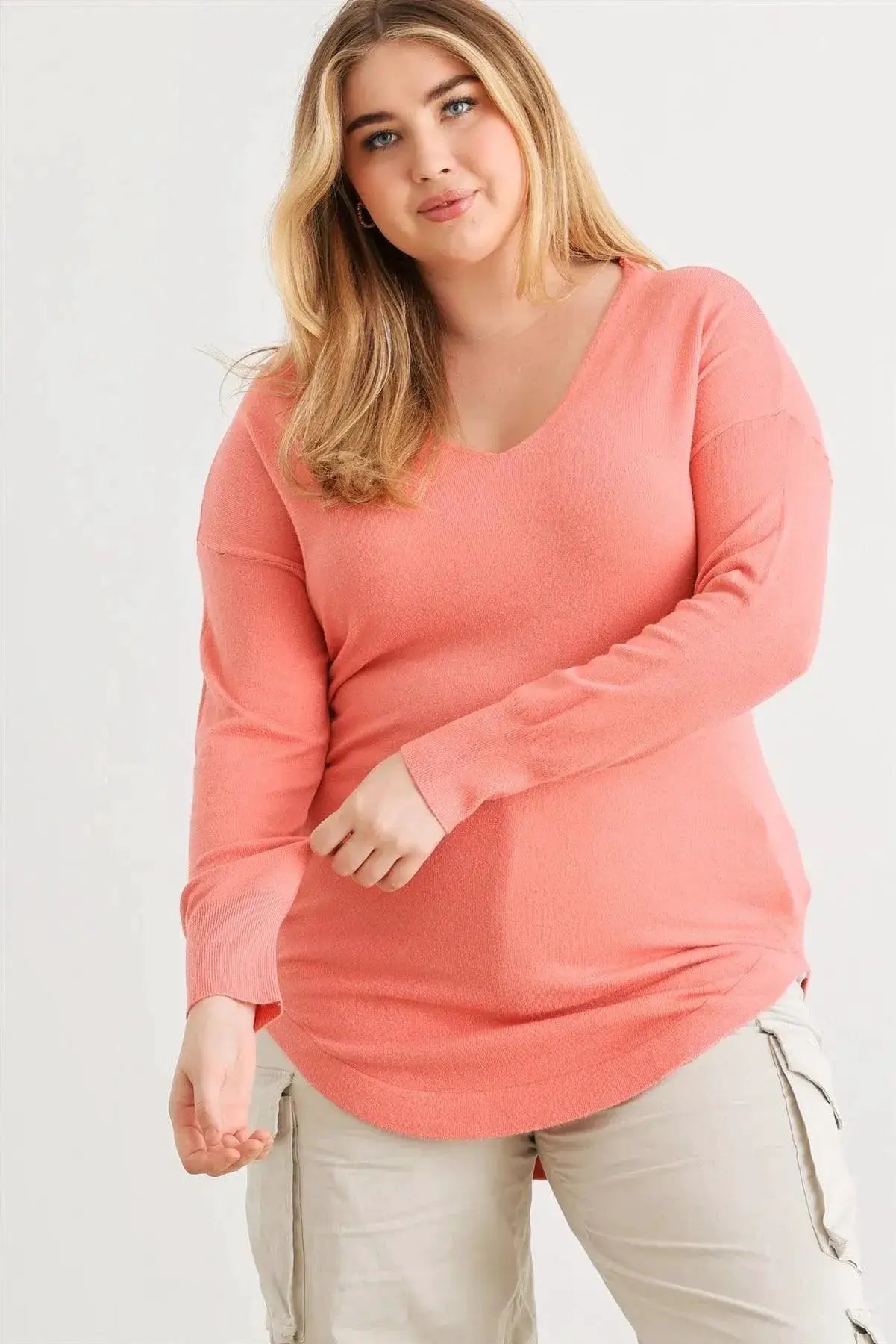 Zenobia Plus Size Lace-Up Back Curved Hem Basic Knit Top - Clothing Tops Plus size Lace-up back knit top