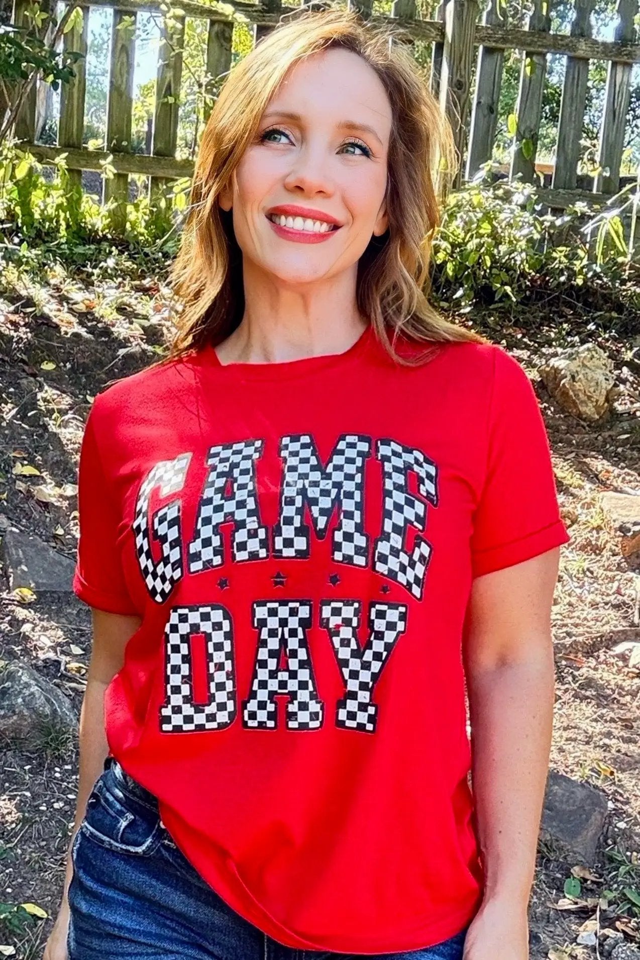 Grateful Threads Boutique Red Checkered Game Day Graphic Tee - T-Shirts Red Checkered Game Day Graphic Tee