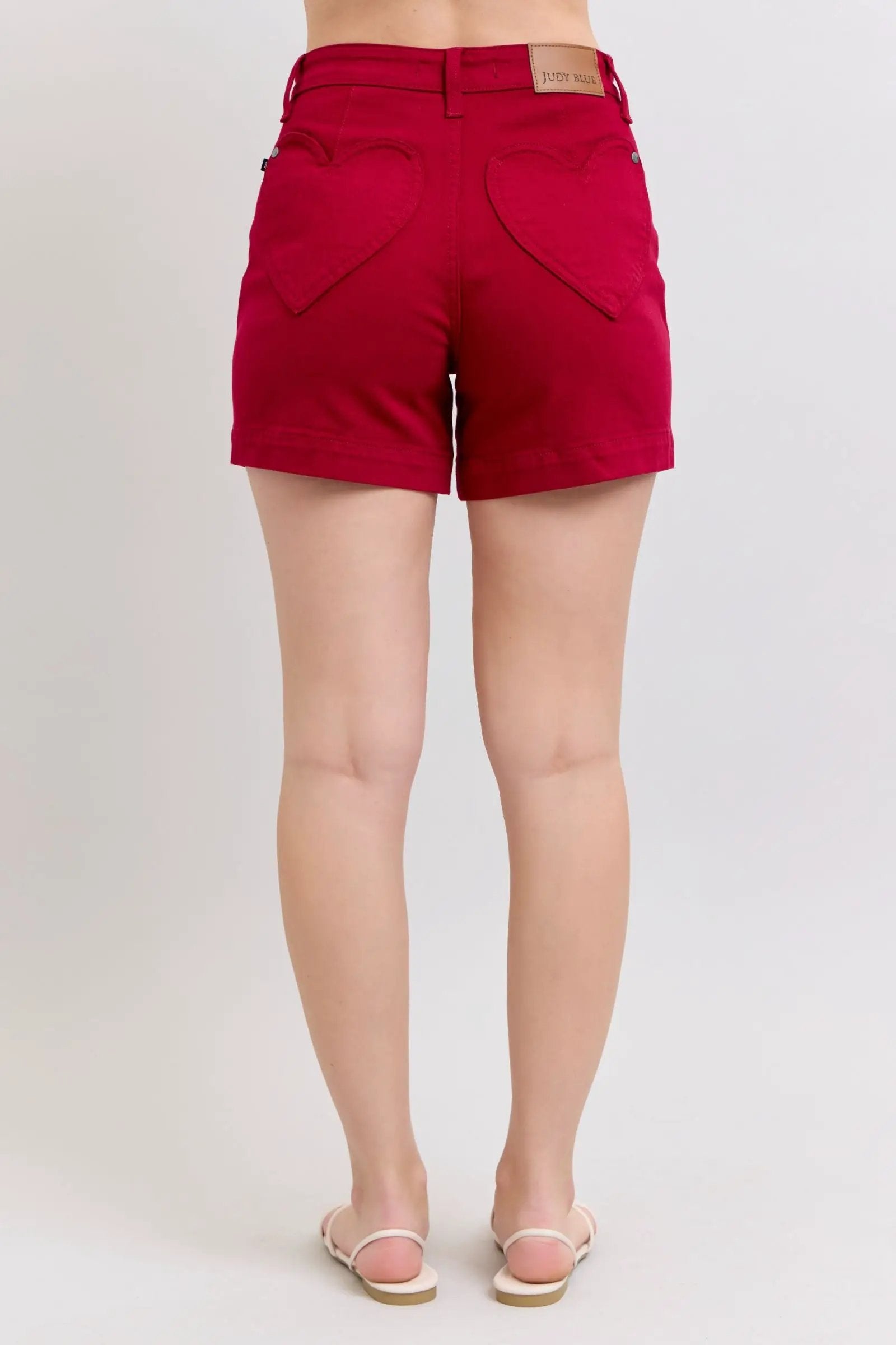 Judy Blue The Heart Pocket Scarlet Red Tummy Control Shorts - Shorts Judy Blue High Waisted Tummy Control Garment Dyed Heart Shaped Pocket Scarlet Trouser Shorts