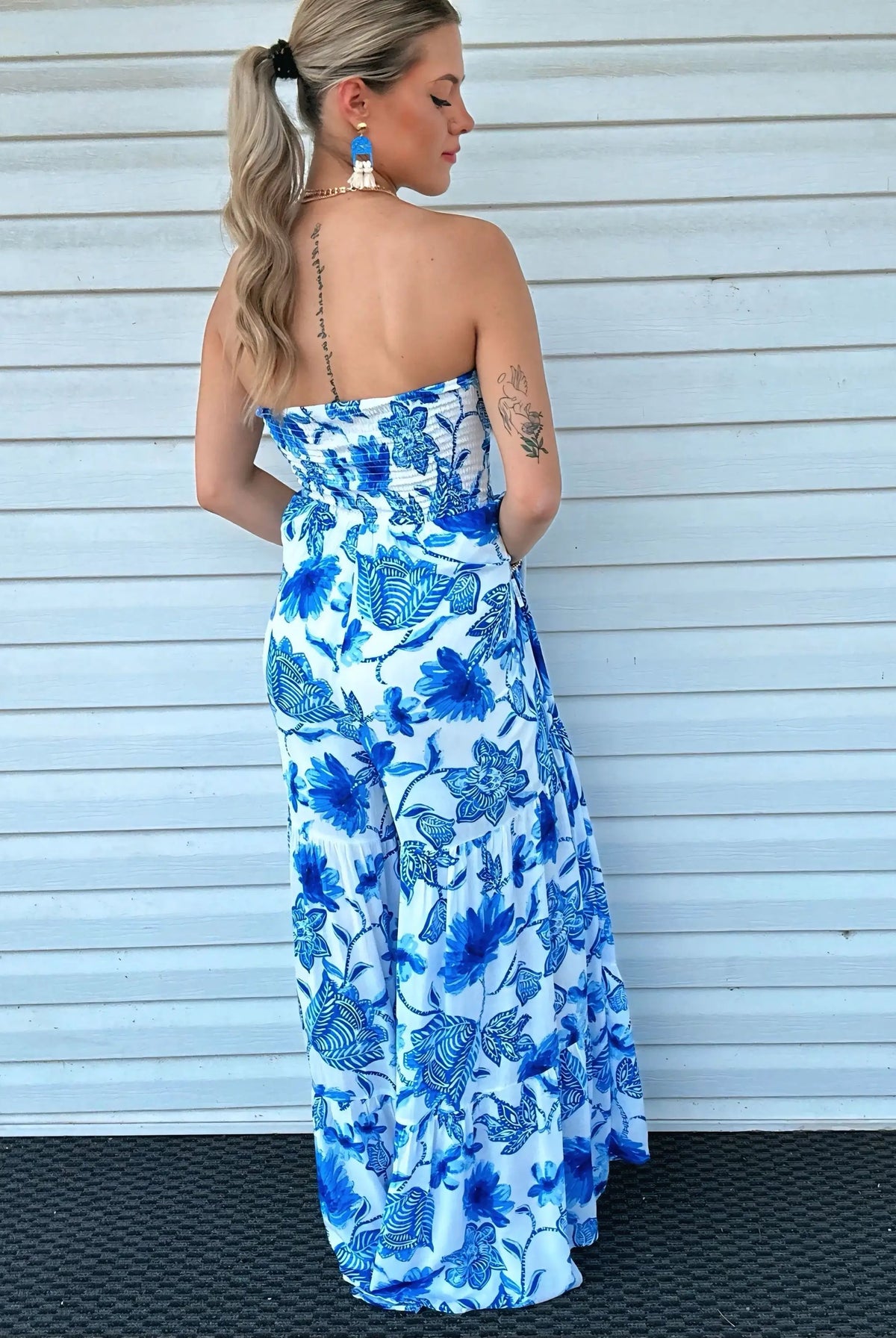Promesa USA Cream & Blue Floral Crepe Strapless Wide-Leg Ruffle Jumpsuit - One-Pieces Promesa USA Cream & Blue Floral Crepe Strapless Wide-Leg Ruffle Jumpsuit