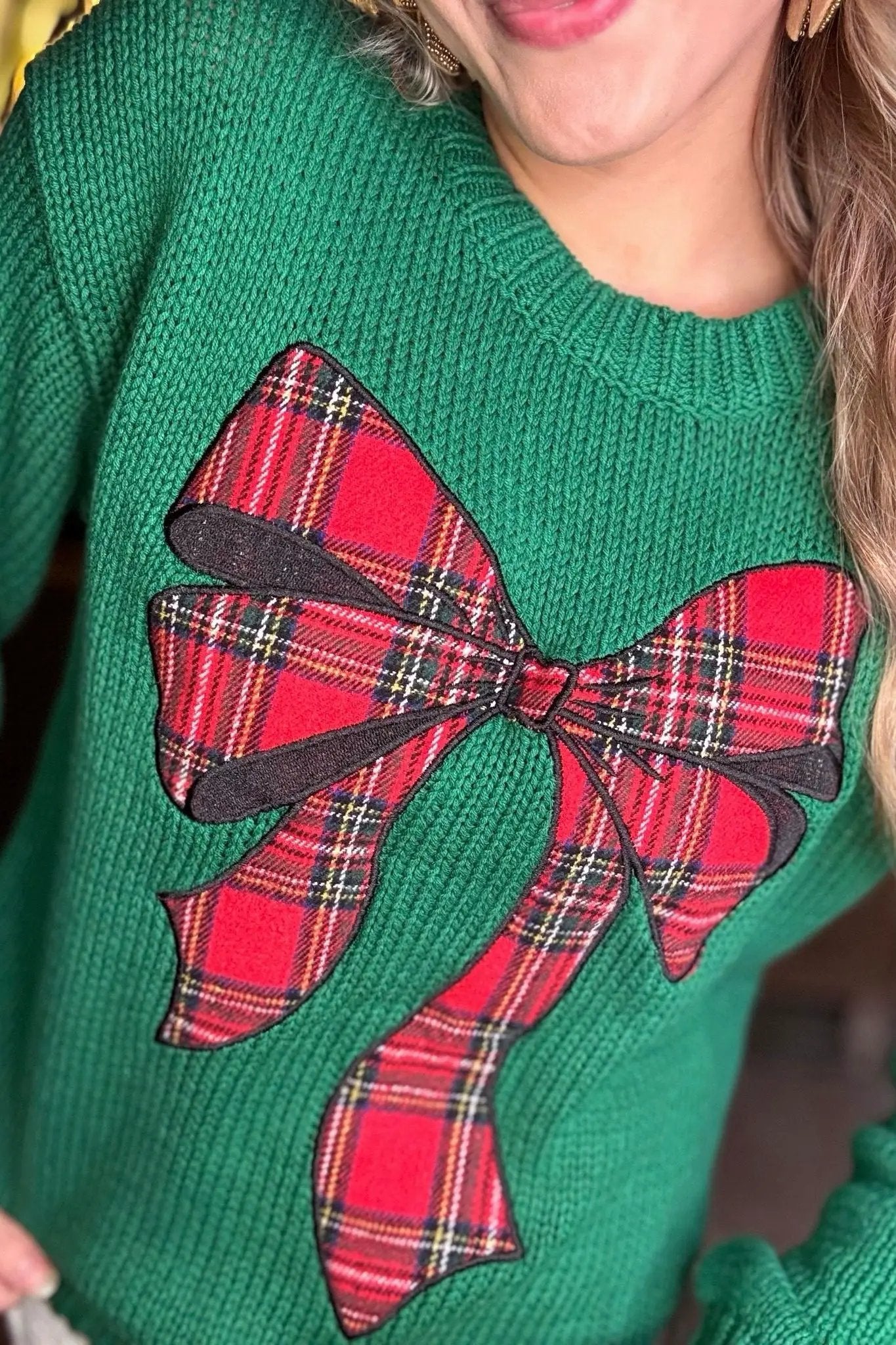 Grateful Threads Boutique Evergreen Plaid Bow Holiday Sweater - Sweaters Evergreen Plaid Bow Graphic Christmas Sweater