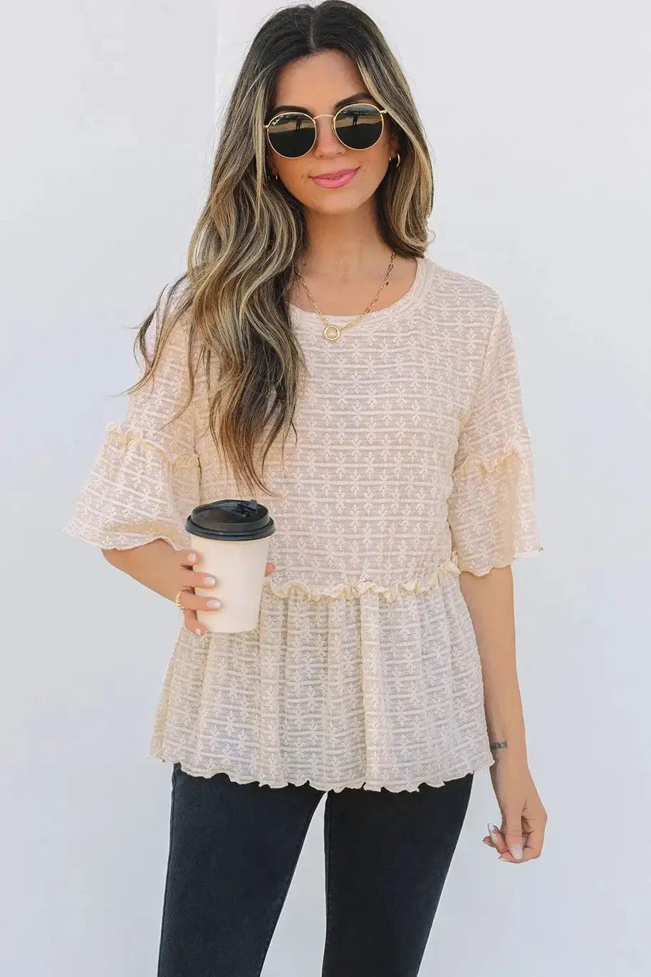 Grateful Threads Boutique Beige Lace Ruffled Peplum Blouse – Feminine, Flirty & Versatile - Blouses