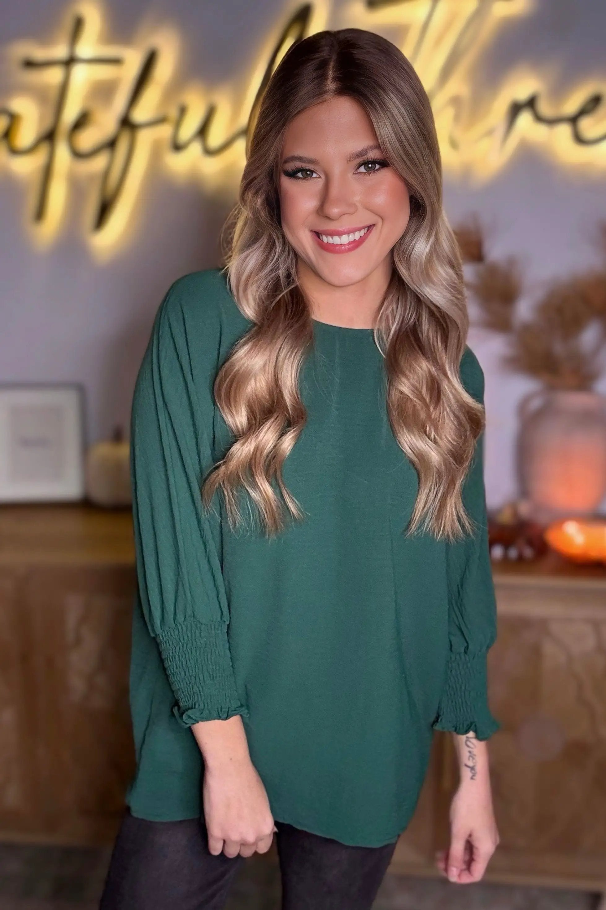 Grateful Threads Boutique Emerald Ease Smocked Cuff Blouse - Blouses Green Smocked Wrist Shift Top
