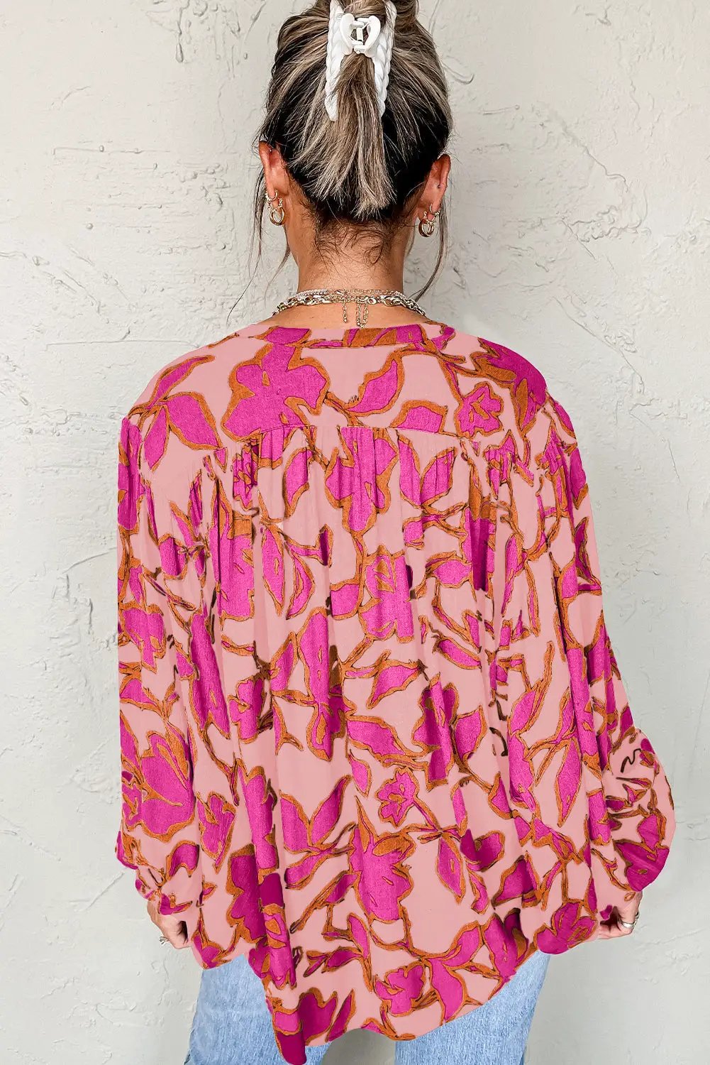 Grateful Threads Boutique Pink & Orange Floral Batwing Sleeve Button-Up Loose Fit Blouse - Blouses pink floral batwing sleeve blouse