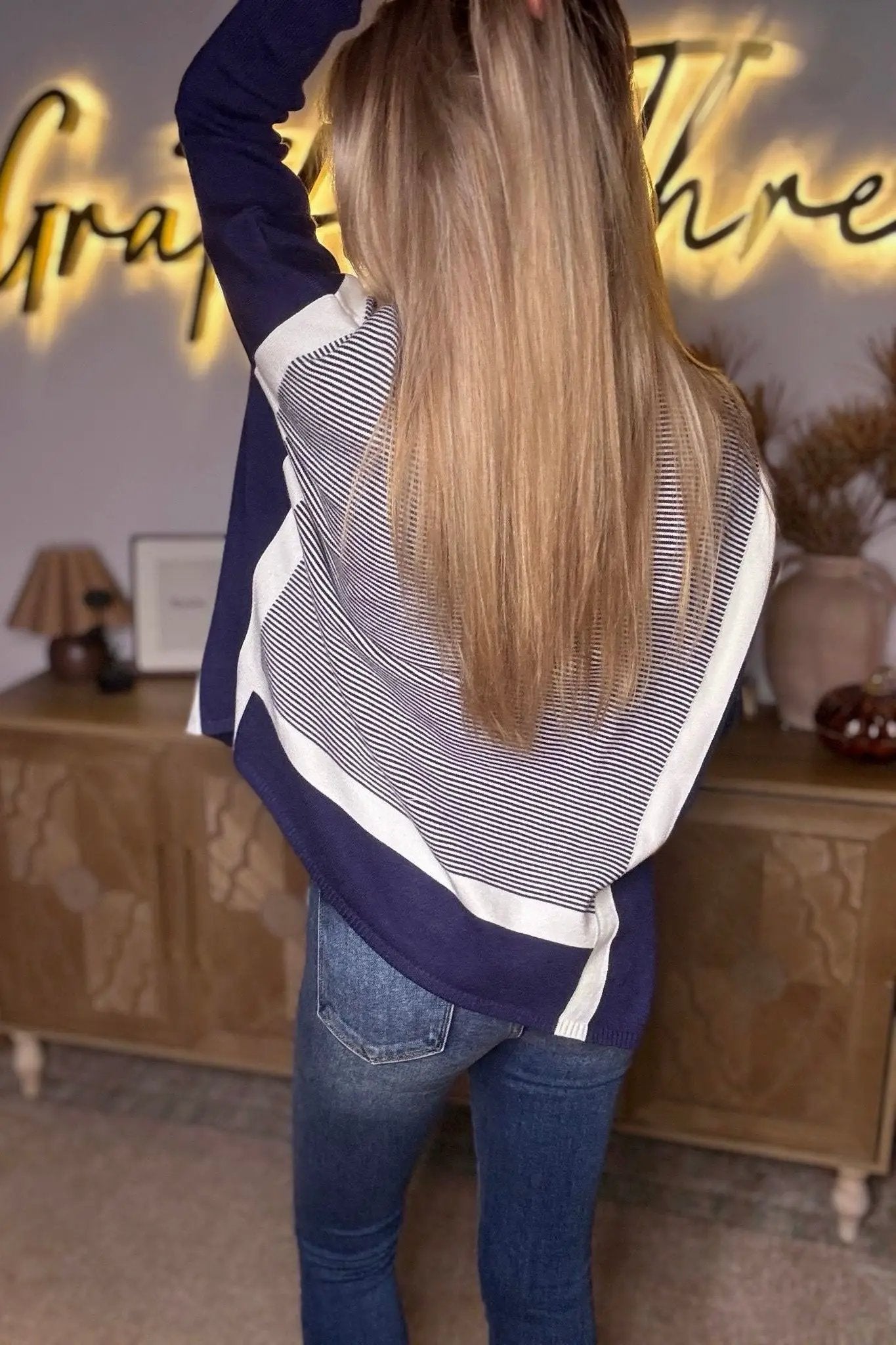 Grateful Threads Boutique Blue Stripe Color Block Patchwork Dolman Oversize Tunic Sweater - Tunics Blue Stripe Color Block Patchwork Dolman Oversize Tunic Sweater