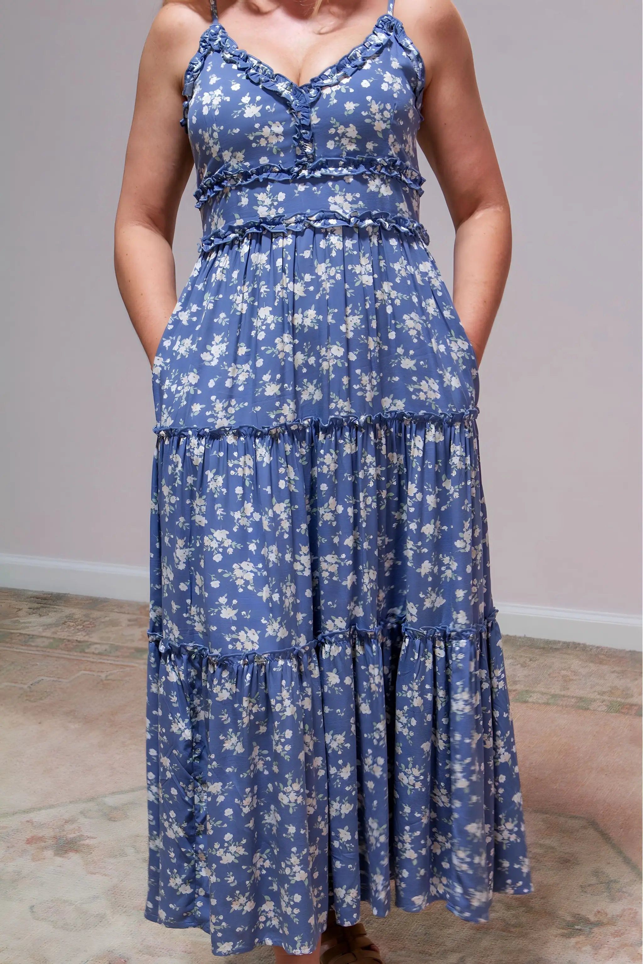 Grateful Threads Boutique Blue Floral Spaghetti Strap Frilled V-Neck Tiered Midi Dress - Dresses Blue Floral Spaghetti Strap Frilled V Neck Tiered Midi Dress