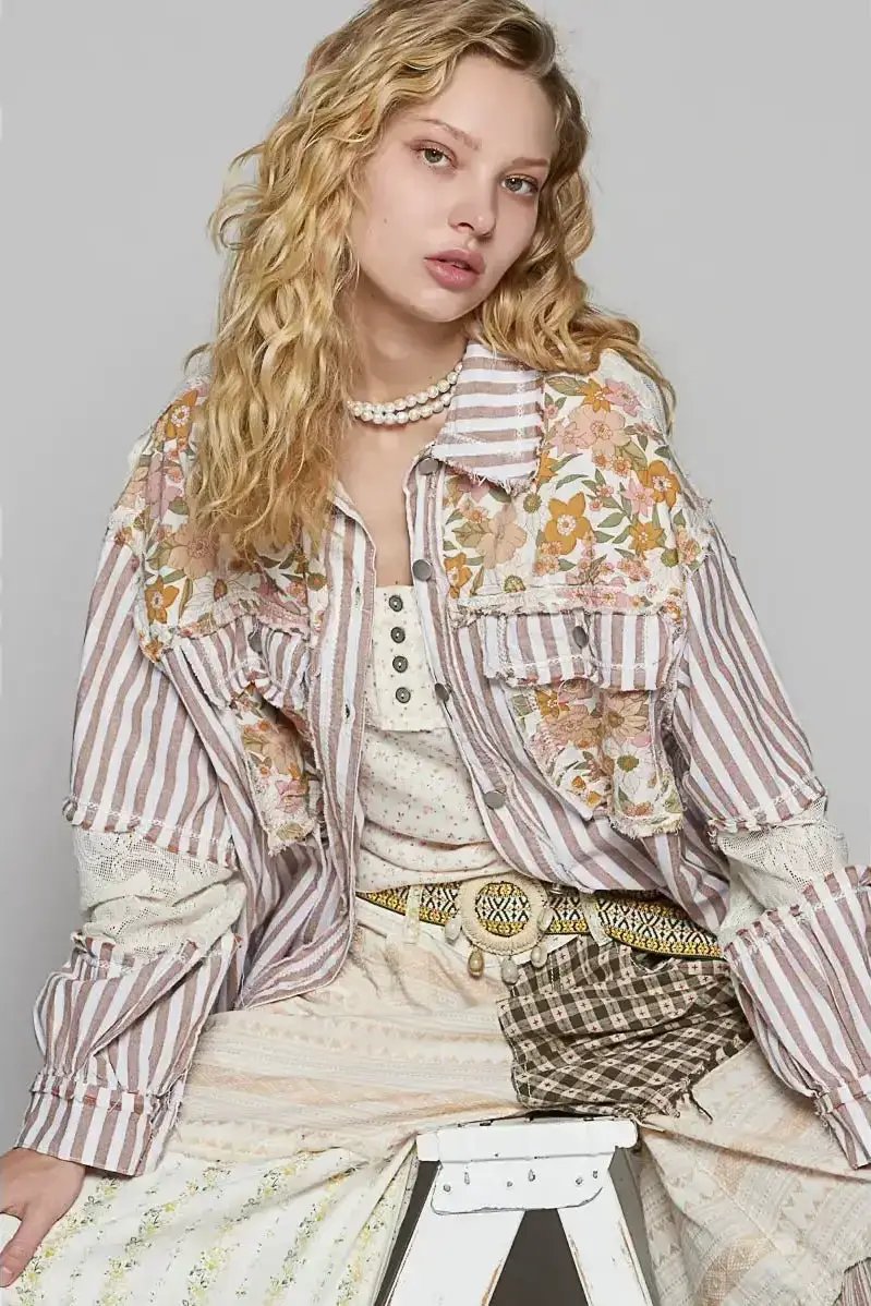 POL The Crochet Patchwork Striped Button-Up Top - Blouses