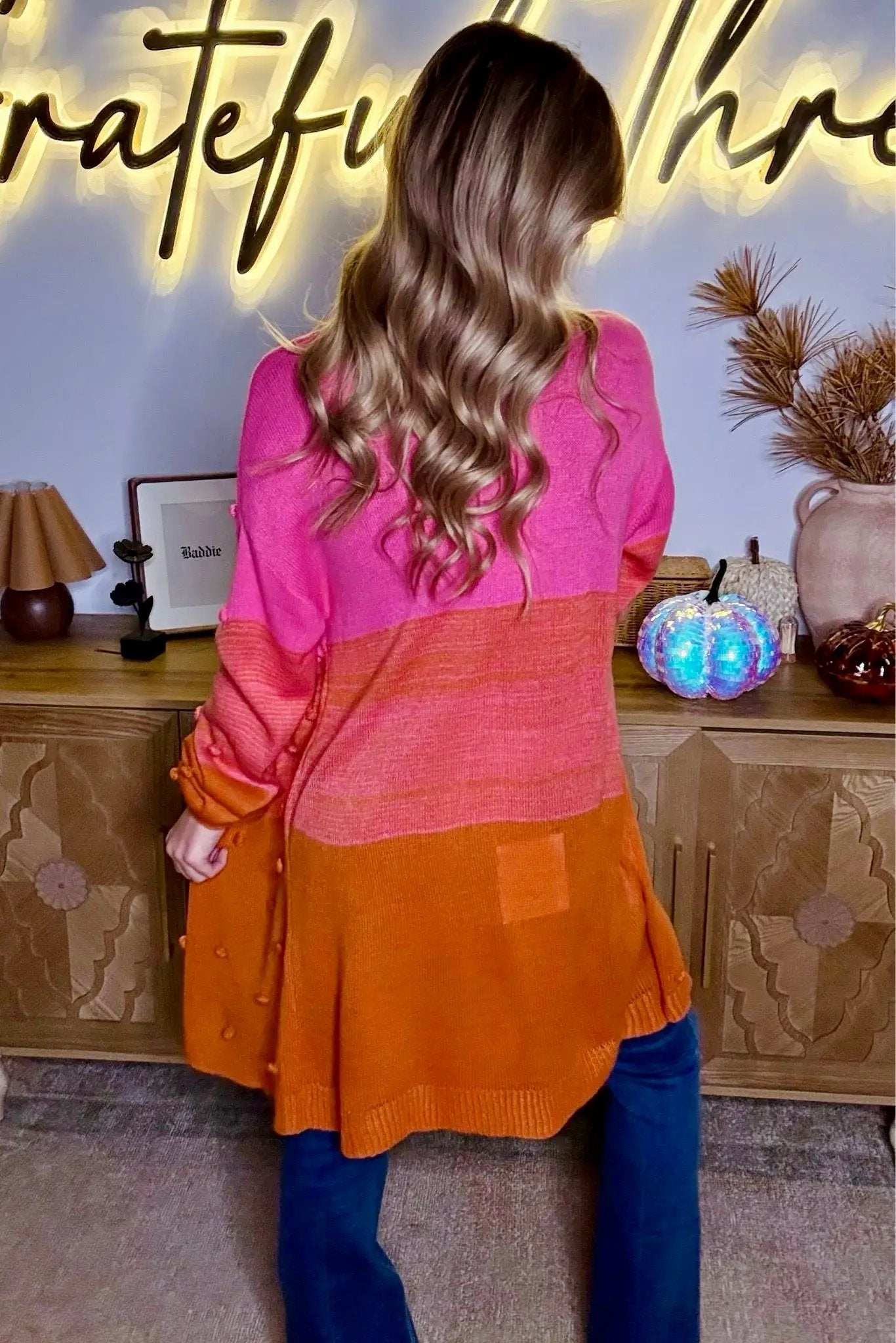 Grateful Threads Boutique Sunset Color Block Pom Pom Open Front Cardigan Sweater - Cardigans Multicolor Pompom Color Block Open Front Cardigan