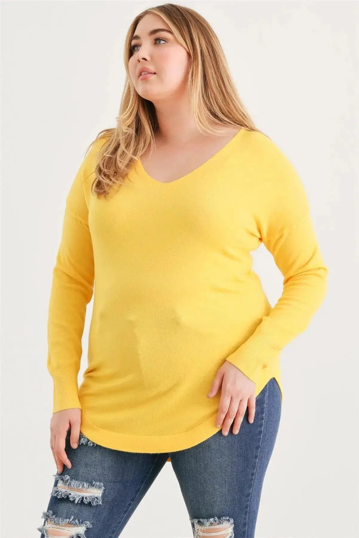 Zenobia Plus Size Lace-Up Back Curved Hem Basic Knit Top - Clothing Tops Plus size Lace-up back knit top