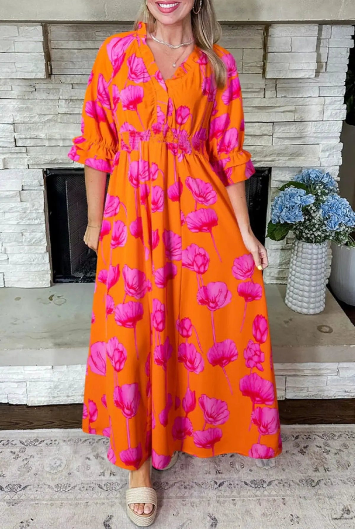 Grateful Threads Boutique Orange Floral Print Frilly Smocked V Neck 3/4 Sleeve Long Dress - Dresses Orange Floral Print Frilly Smocked V Neck 3/4 Sleeve Long Dress