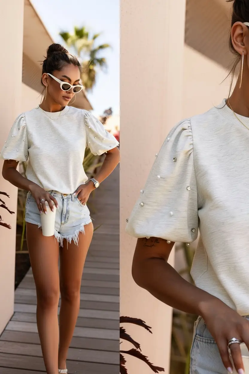 1 the Woman Rhinestone Pearl Puff Half Sleeve Top - Shirts Rhinestone Pearl Puff Half Sleeve Top