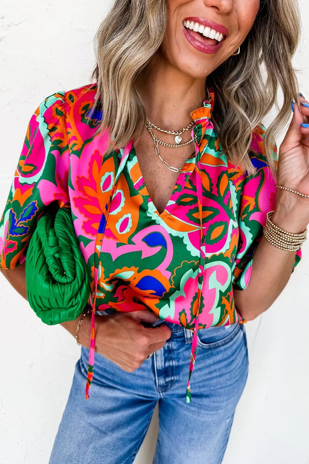 Grateful Threads Boutique Rose Summer Plant Print Lace up V-Neck Short Sleeve Blouse - Blouses Rose Summer Plant Print Lace up V Neck Short Sleeve Blouse