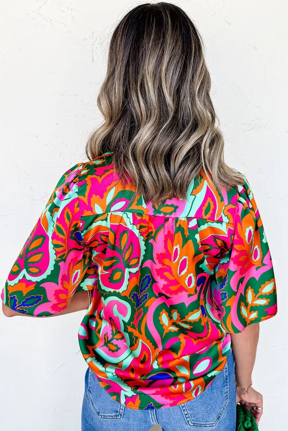 Grateful Threads Boutique Rose Summer Plant Print Lace up V-Neck Short Sleeve Blouse - Blouses Rose Summer Plant Print Lace up V Neck Short Sleeve Blouse