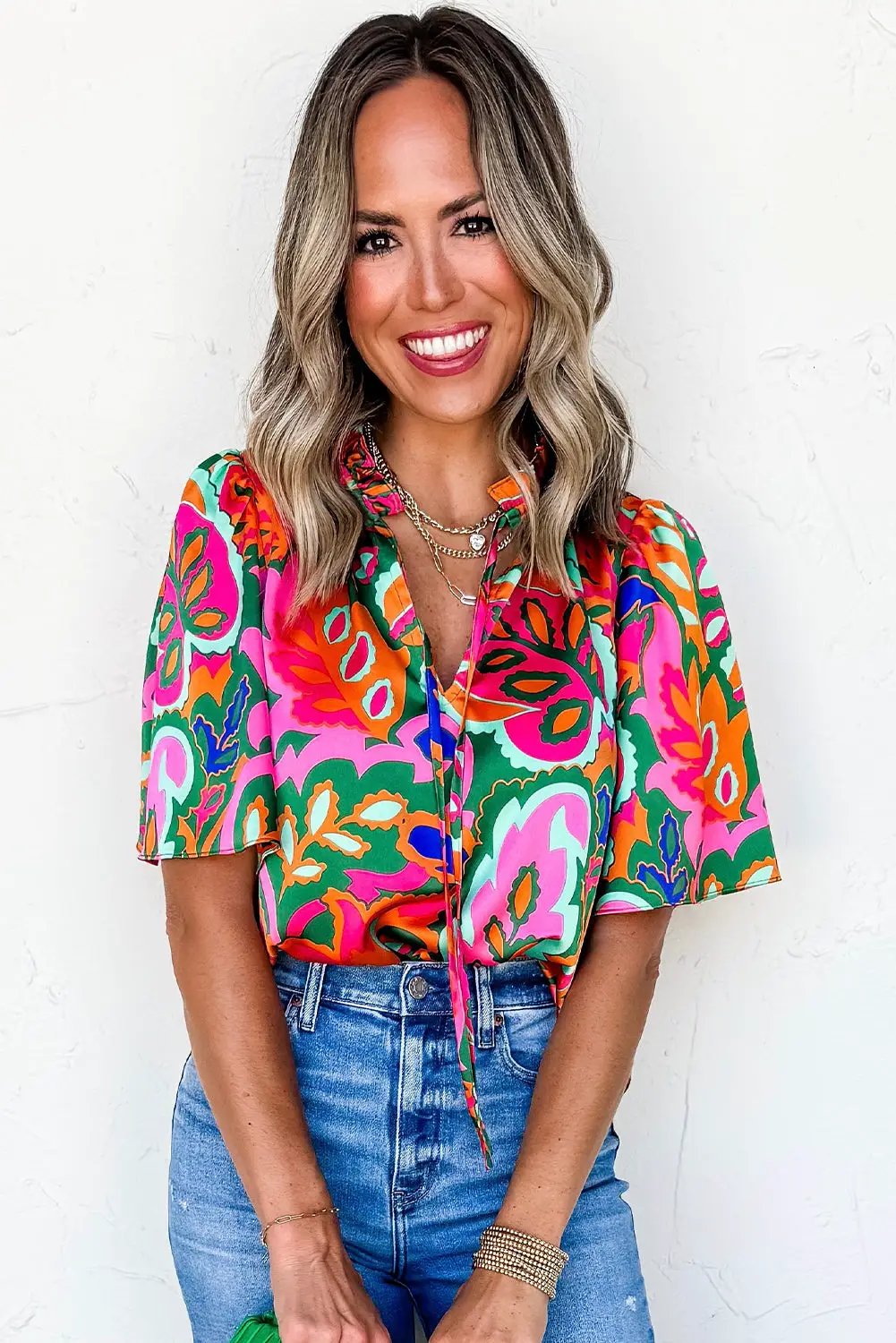 Grateful Threads Boutique Rose Summer Plant Print Lace up V-Neck Short Sleeve Blouse - Blouses Rose Summer Plant Print Lace up V Neck Short Sleeve Blouse