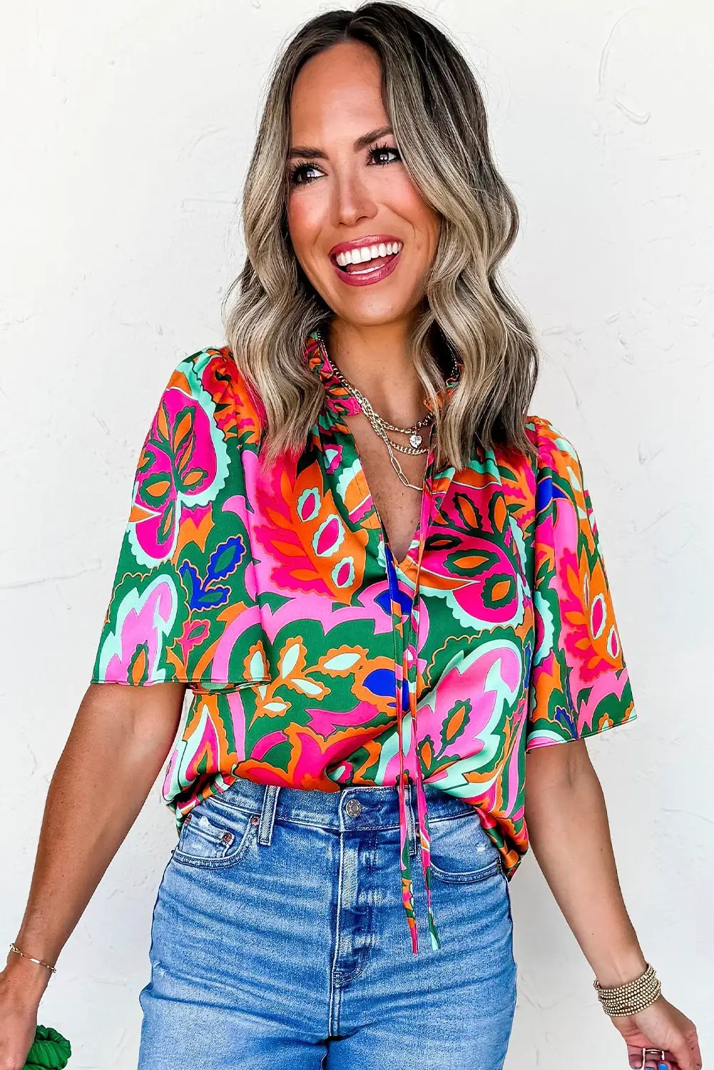 Grateful Threads Boutique Rose Summer Plant Print Lace up V-Neck Short Sleeve Blouse - Blouses Rose Summer Plant Print Lace up V Neck Short Sleeve Blouse