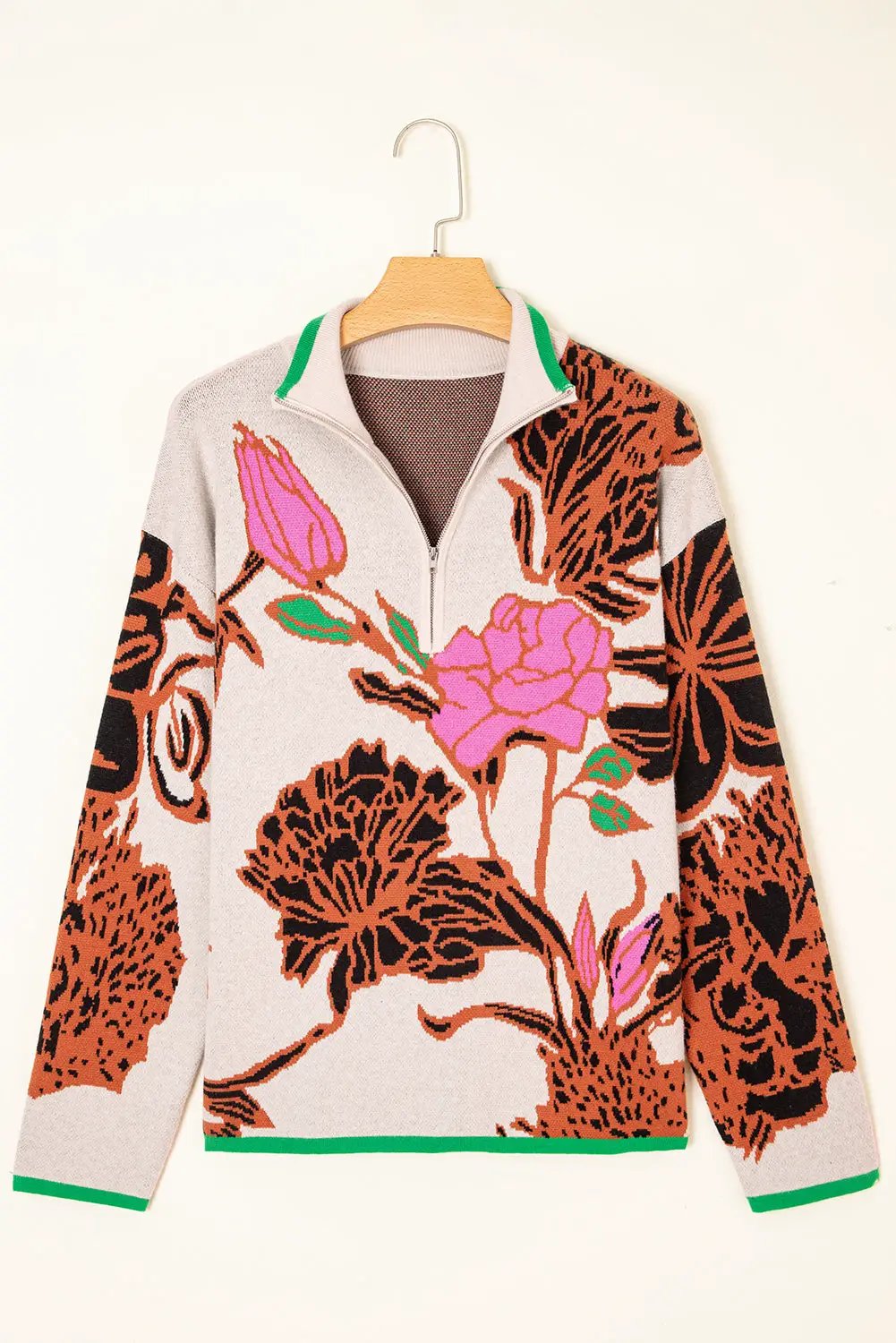 Grateful Threads Boutique Khaki Contrast Trim Floral Pattern Knit Quarter Zip Stand Neck Sweater - Sweaters Khaki Contrast Trim Floral Pattern Knit Quarter Zip Stand Neck Sweater