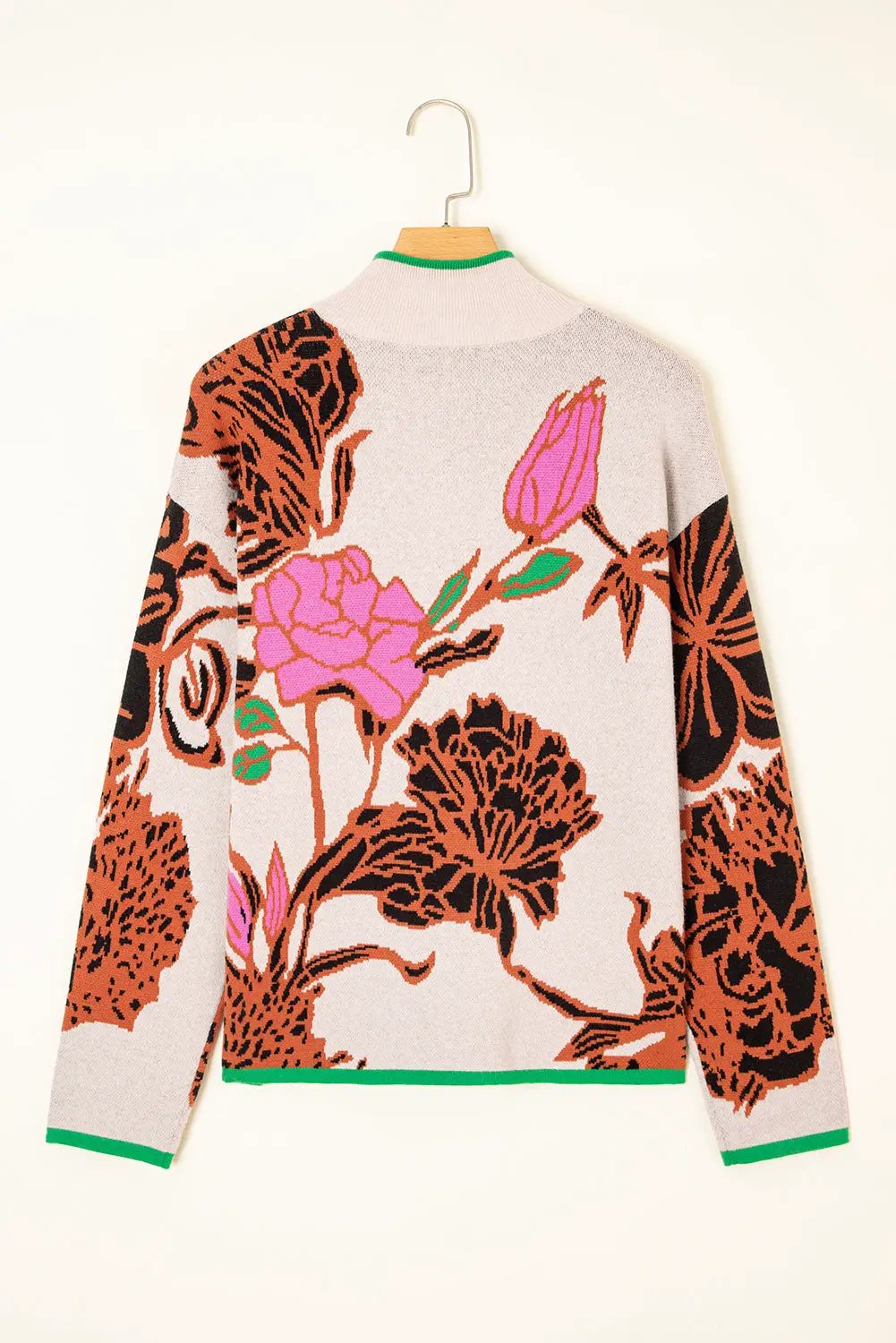 Grateful Threads Boutique Khaki Contrast Trim Floral Pattern Knit Quarter Zip Stand Neck Sweater - Sweaters Khaki Contrast Trim Floral Pattern Knit Quarter Zip Stand Neck Sweater