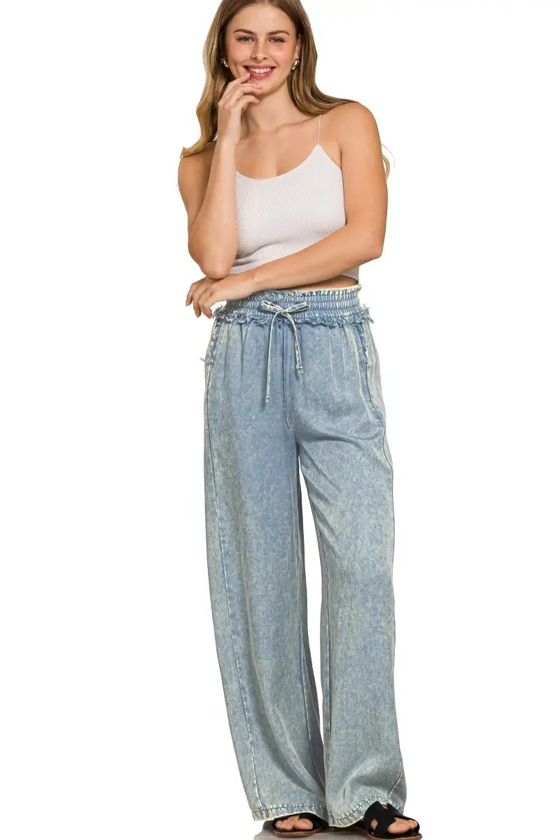 Zenana Zenana Washed Tencel Pants with Drawstring - Trousers Zenana Washed Tencel Pants with Drawstring