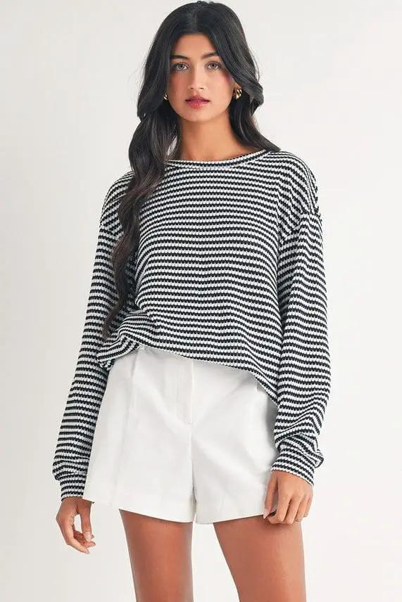 Grateful Threads Boutique Black & White Stripe Round Neck Drop Shoulder Long Sleeve Blouse - Blouses