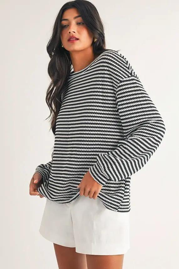 Grateful Threads Boutique Black & White Stripe Round Neck Drop Shoulder Long Sleeve Blouse - Blouses