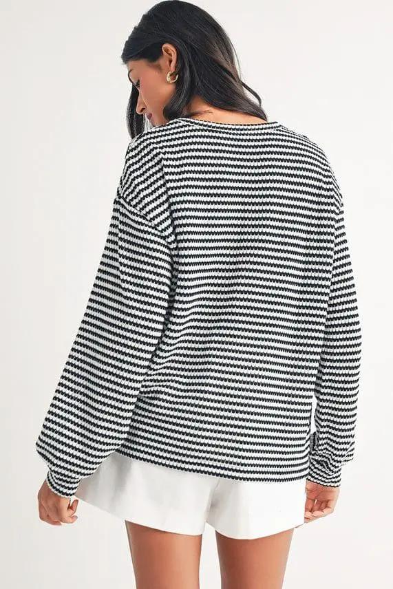 Grateful Threads Boutique Black & White Stripe Round Neck Drop Shoulder Long Sleeve Blouse - Blouses