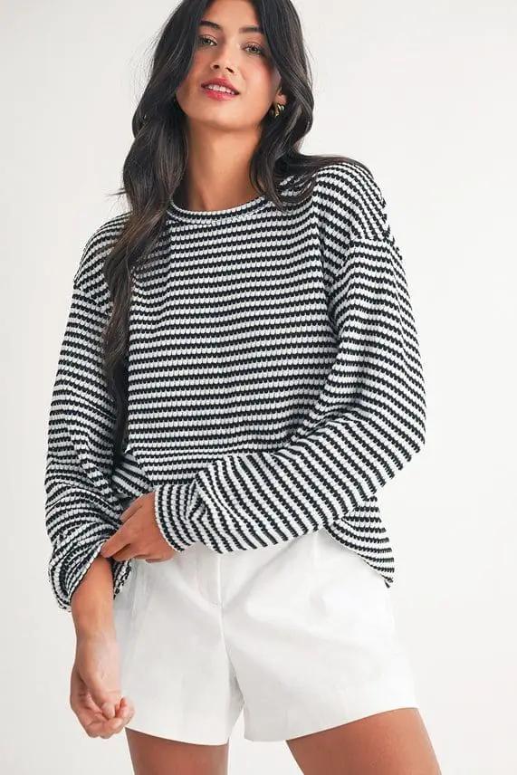 Grateful Threads Boutique Black & White Stripe Round Neck Drop Shoulder Long Sleeve Blouse - Blouses