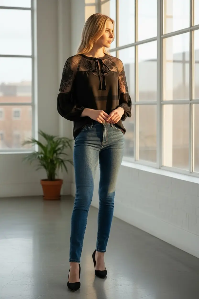 Grateful Threads Boutique The Noir Romance Lace Sleeve Blouse - Blouses Black Formal Invitation Lace Blouse
