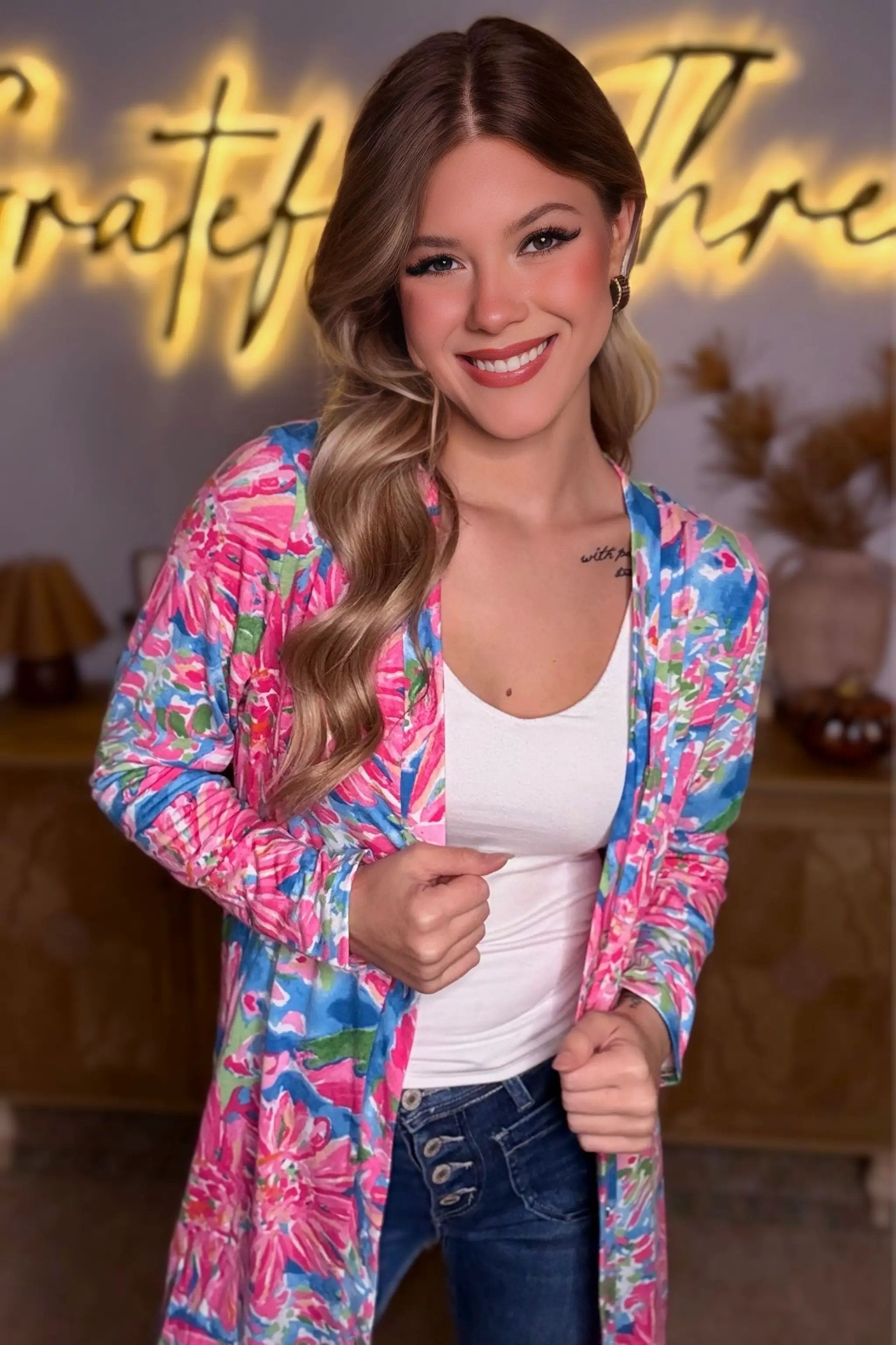 Grateful Threads Boutique Pink Flower Print Long Sleeve Button Up Cardigan - Cardigans Pink Flower Print Long Sleeve Button Up Cardigan