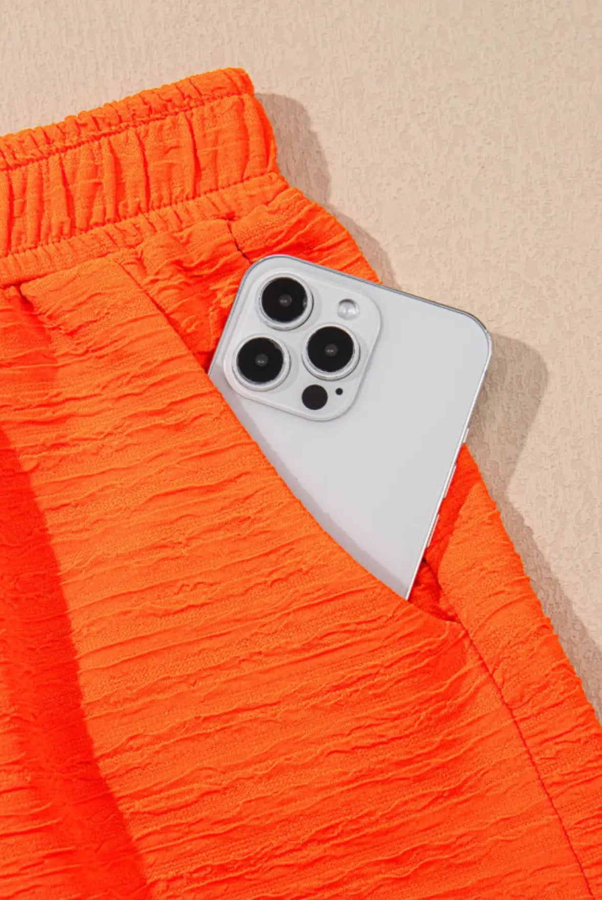 Grateful Threads Boutique Orange Textured V-Neck T-Shirt and Shorts Set - Outfit Sets Orange Textured V Neck T Shirt and Shorts Set