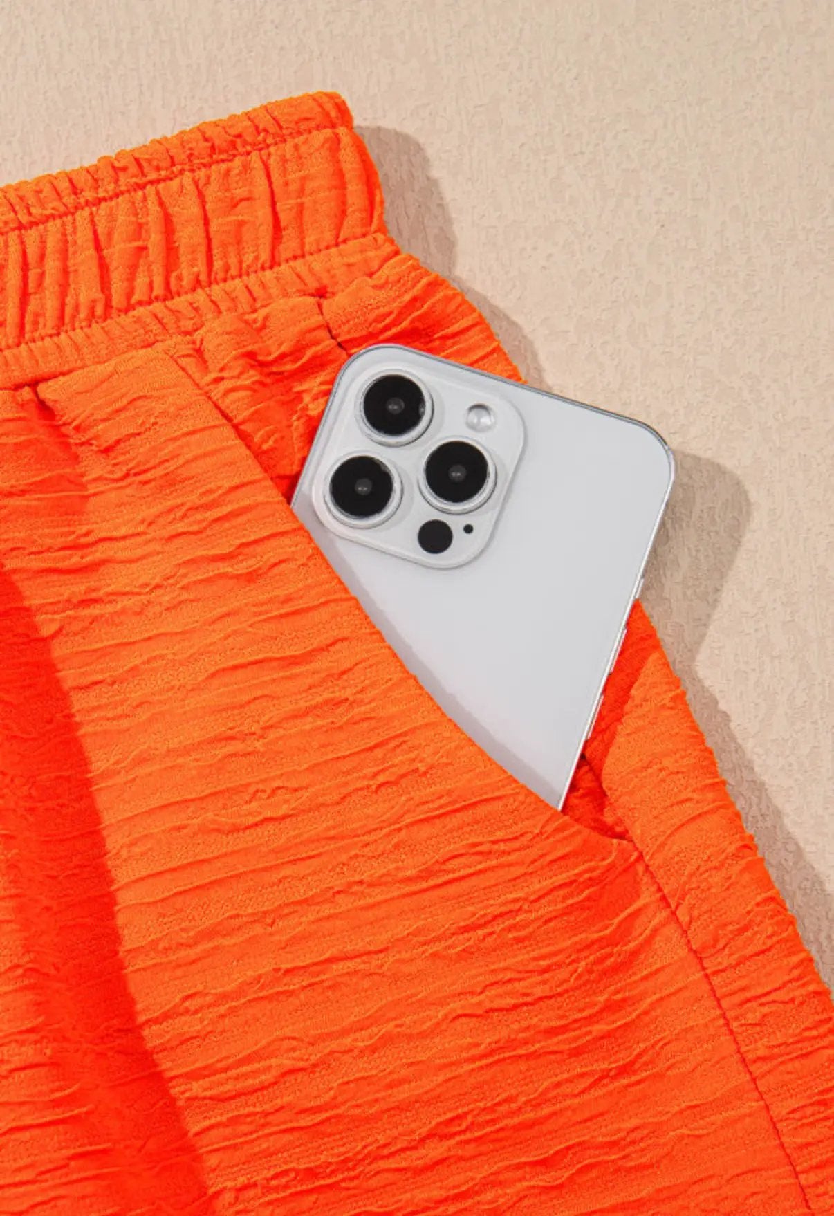 Grateful Threads Boutique Orange Textured V-Neck T-Shirt and Shorts Set - Outfit Sets Orange Textured V Neck T Shirt and Shorts Set