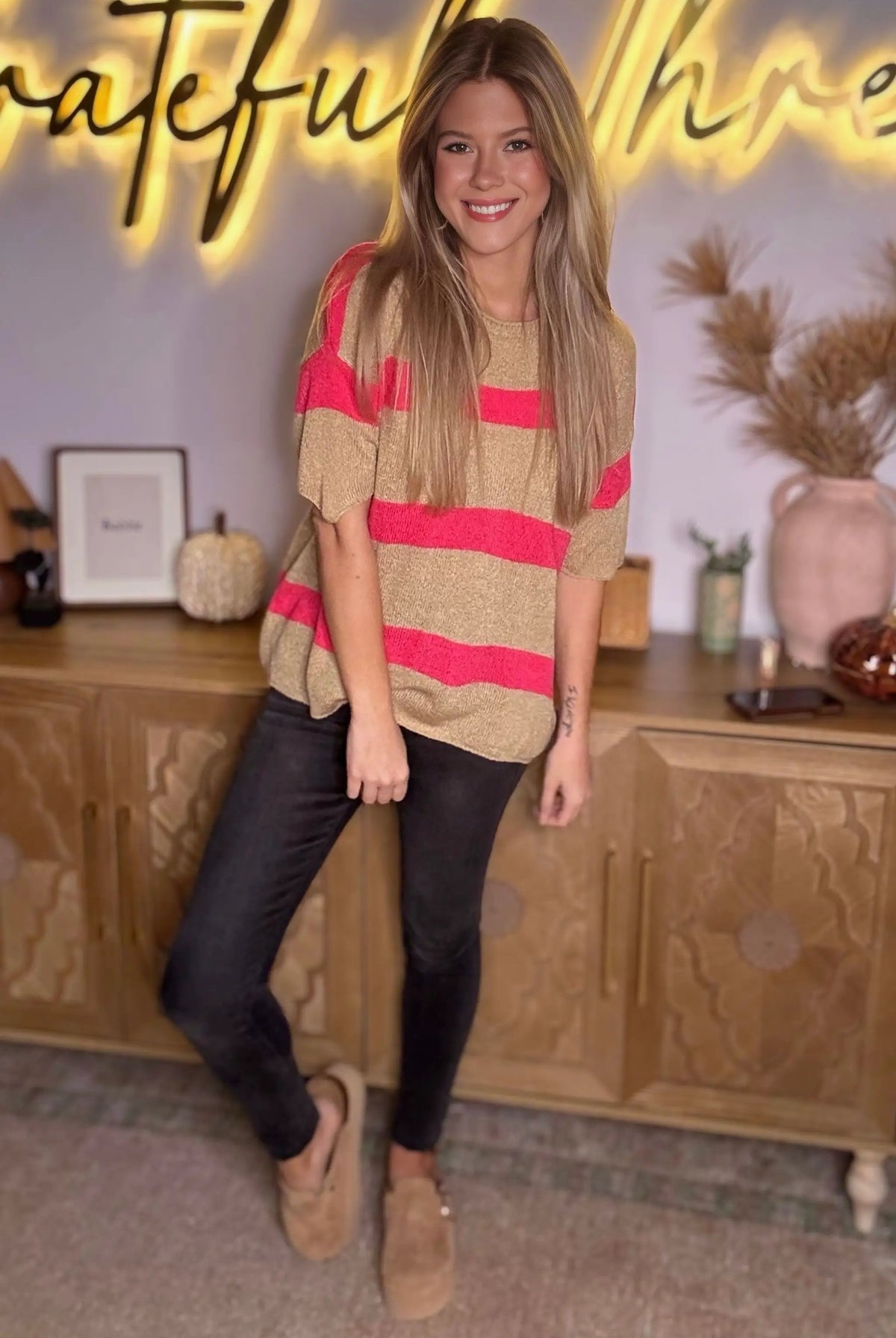 Grateful Threads Boutique Pink Stripe Colorblock Short Sleeve Crew Neck Lightweight Sweater - Sweaters Pink Stripe Colorblock Short Sleeve Crew Neck Lightweight Sweater
